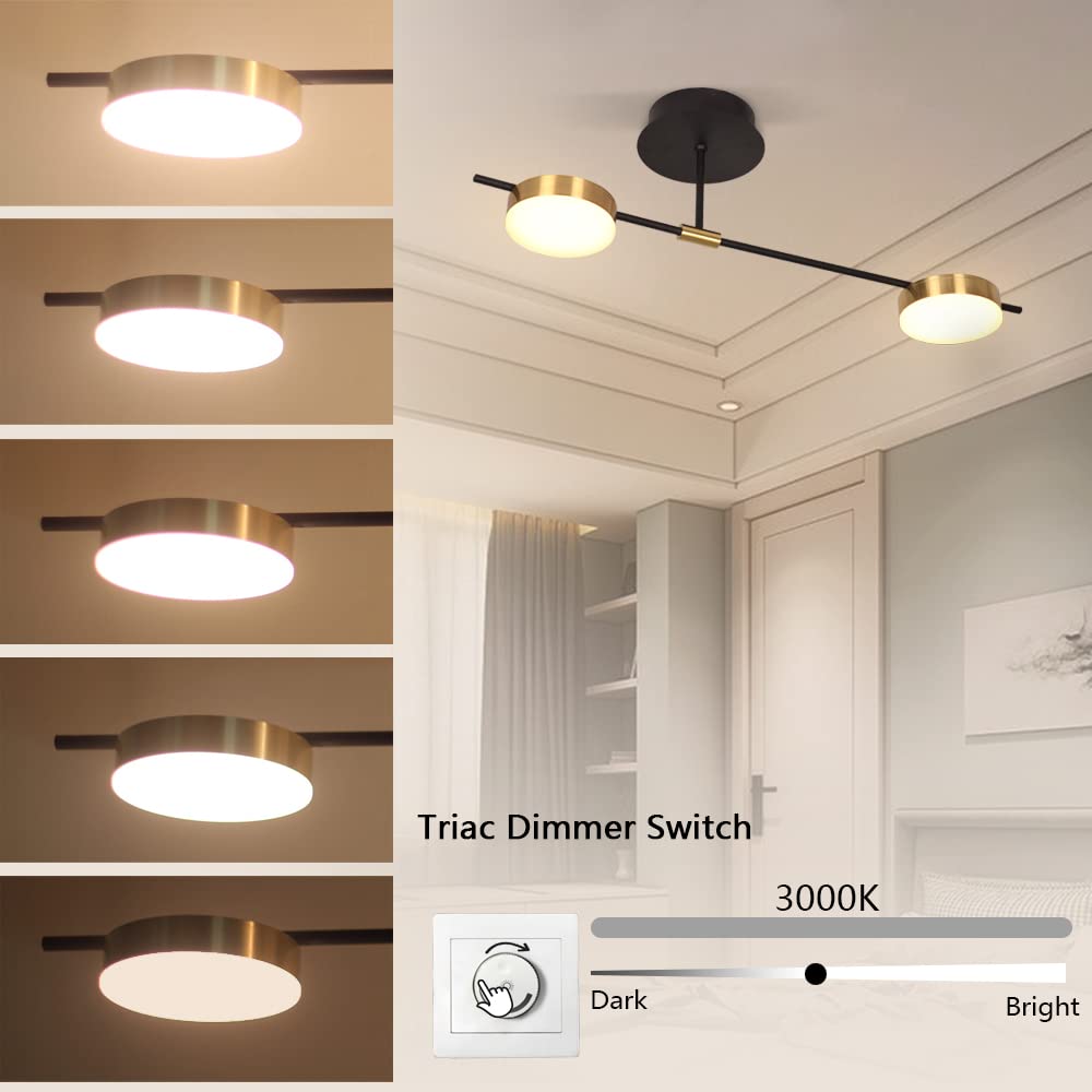 Modern 15W 2-Light Dimmable LED Semi Flush Mount Ceiling Light Fixture - Black & Gold 3000K Warm White for Dining Room, Kitchen, Living Room, Bedroom, Office | Energy Saving Home Lighting for Modern Interior Decor