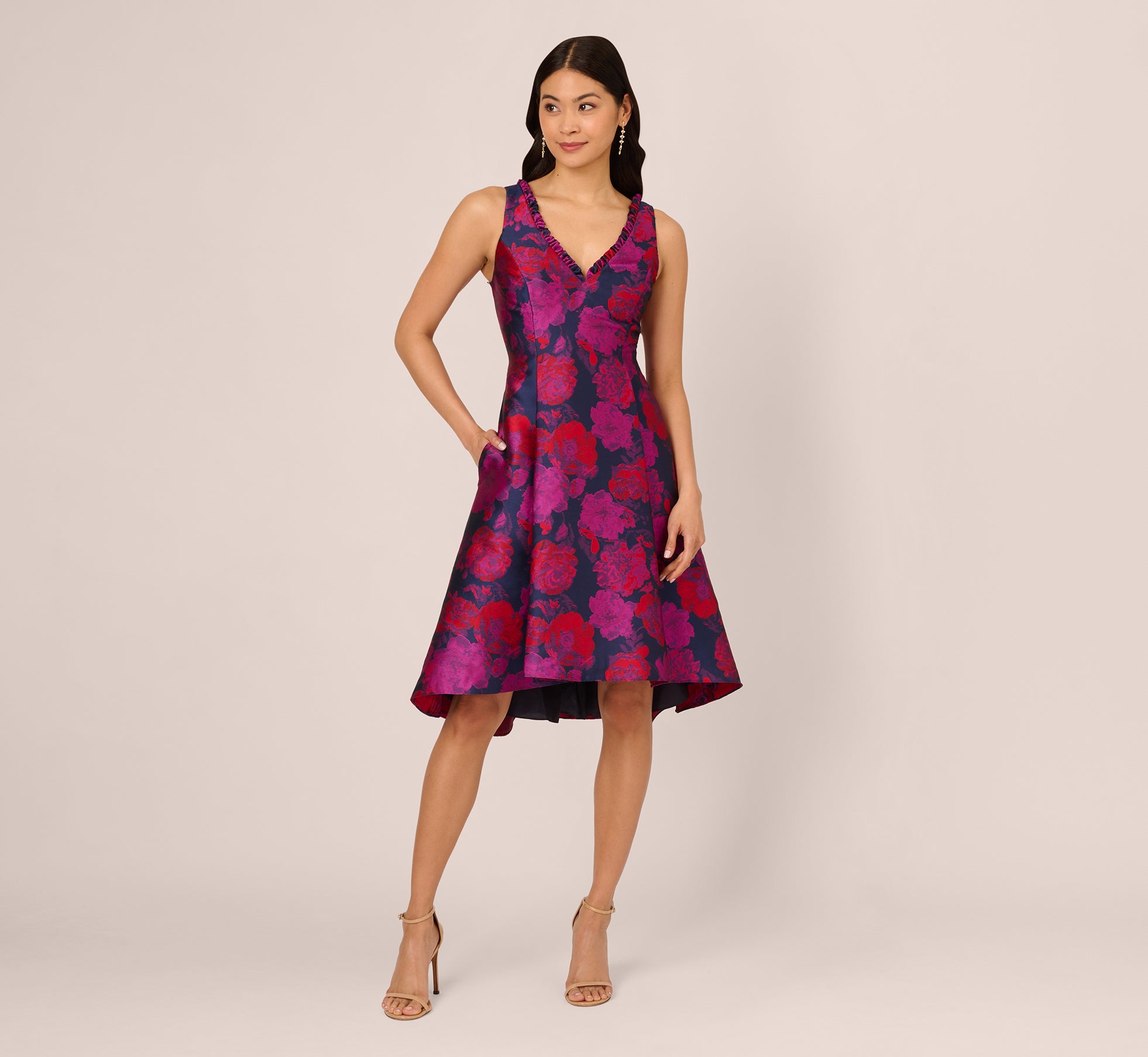 Floral Jacquard Midi Dress - Sleeveless High-Low Hem Summer Dress for Women | Beach Wedding, Party & Vacation Outfit