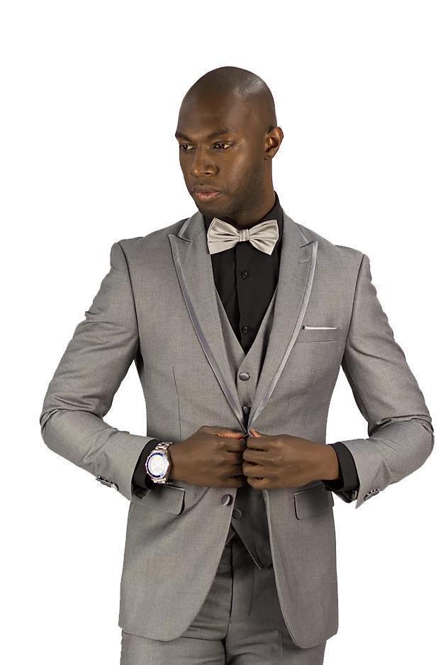 Grey Slim Fit 3-Piece Tuxedo Suit with Trimmed Peak Lapel - Perfect for Weddings, Prom & Formal Events