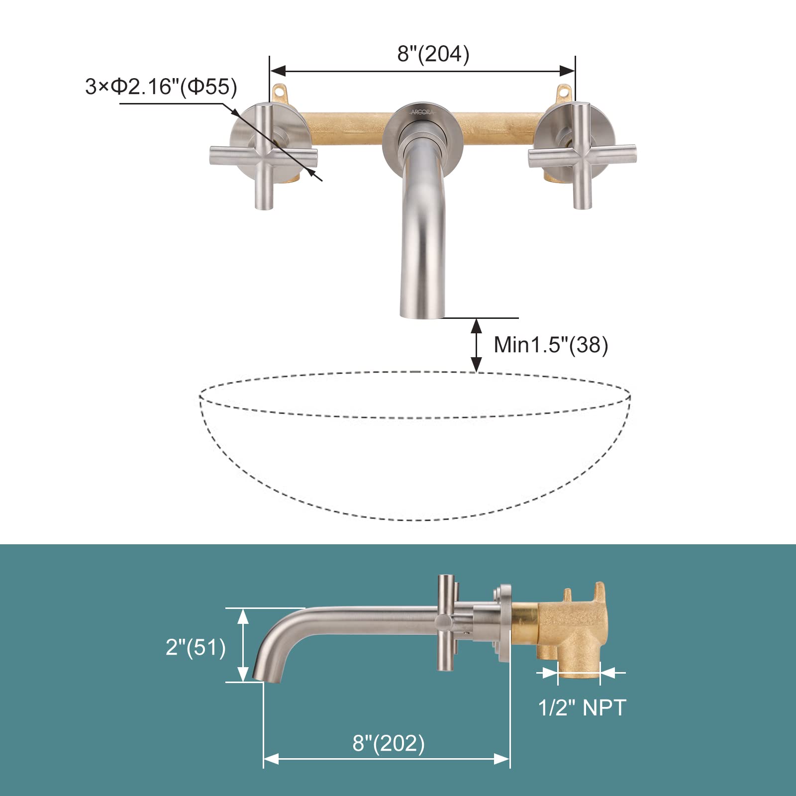 ARCORA Brushed Nickel Wall Mount Bathroom Faucet - 2 Handle Vessel Sink Faucet with Rough-in Valve - Perfect for Modern Bathrooms & Powder Rooms