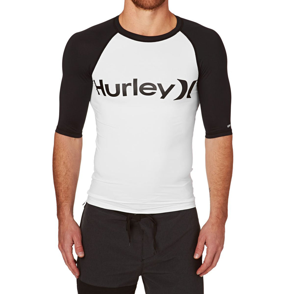 Men's Hurley One & Only Short Sleeve Rash Guard Shirt - Black/White UPF 50+ Sun Protection for Surfing, Swimming & Outdoor Activities