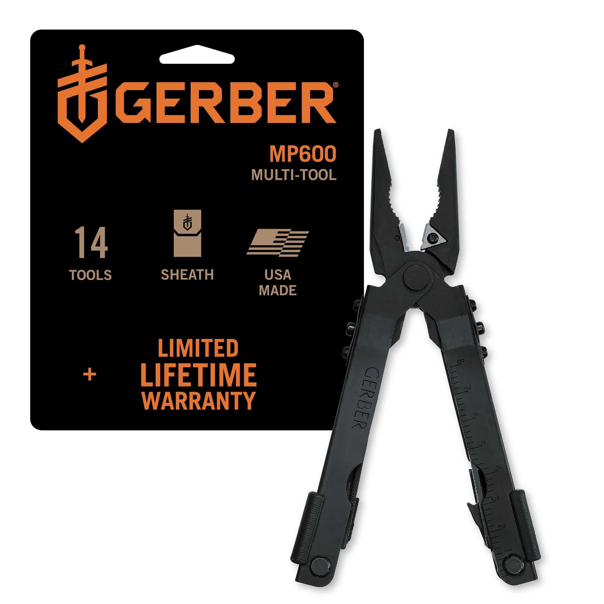 Gerber Gear Multi-Plier 600 - 14-in-1 Multitool with Needlenose Pliers, Screwdriver, Serrated Knife & Sheath | Compact EDC Tool for Camping, Hiking, Survival & Everyday Carry (Black)