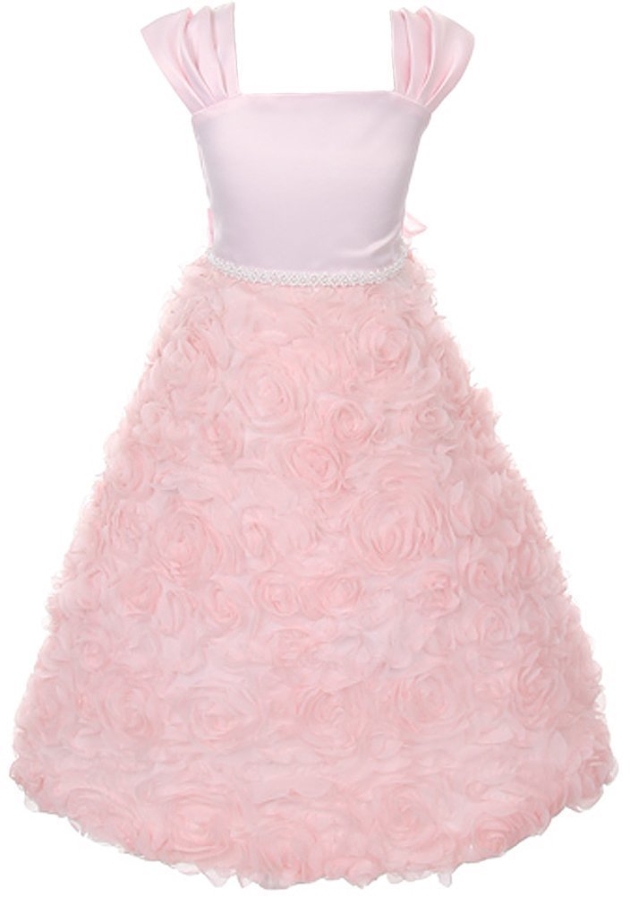 BNY CORNERS Girls' First Communion Dress with Rosette Details - Elegant Flower Girl Dress for Weddings, Baptism, and Special Occasions - Pink Lace Formal Gown for Big Girls