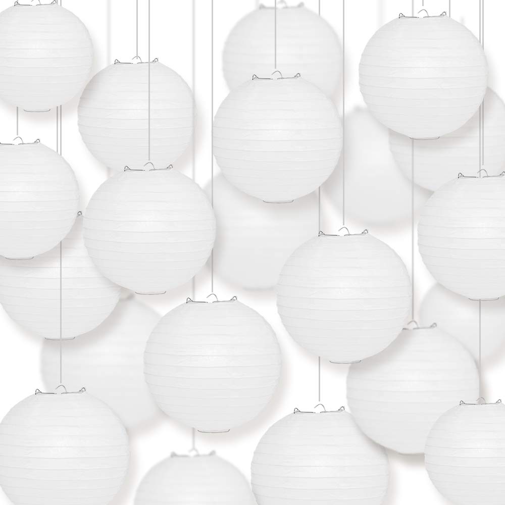 Quasimoon 18 Inch White Round Paper Lanterns - Bulk Pack of 50 - Hanging Party Decorations with Even Ribbing for Weddings, Baby Showers & Home Decor
