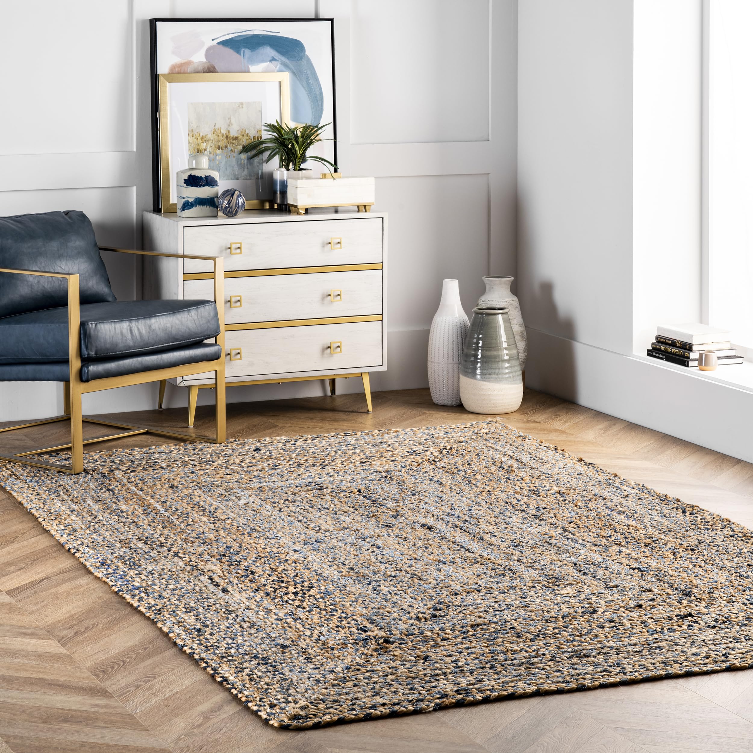 nuLOOM Eliz Striped 6'x6' Square Jute Area Rug - Blue & Natural Neutral Woven Rug for Dining Room, Living Room & Kitchen - Perfect for Farmhouse, Coastal & Boho Decor Styles