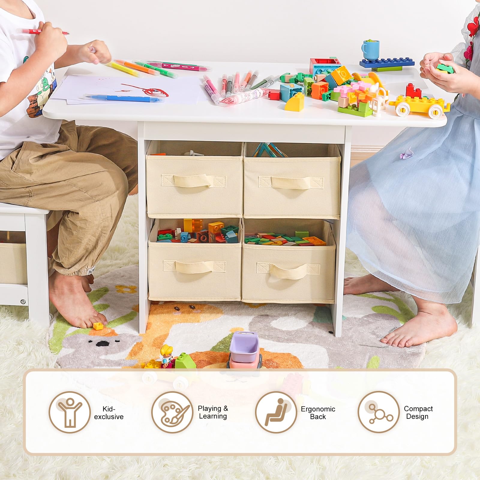 Wooden Kids Table and Chair Set with 6 Storage Bins - Toddler Furniture Set (2 Chairs Included) - Water Resistant & Easy to Clean - Perfect Gift for Boys & Girls - White - Ideal for Playroom, Classroom, or Home Learning Activities
