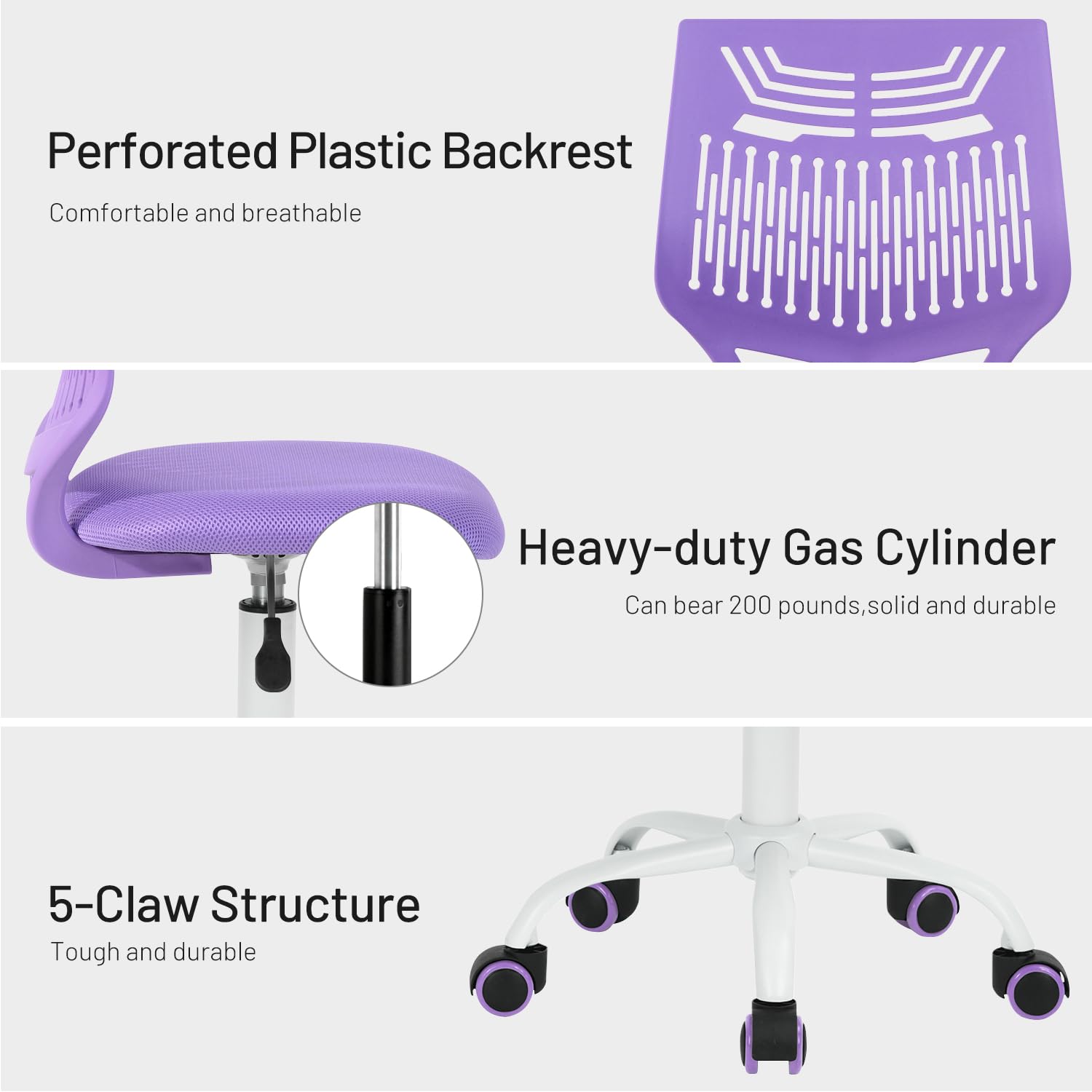 **Ergonomic Kids Desk Chair - Adjustable Armless Study Chair with Breathable Mesh Cushion, 360° Swivel & Rolling Wheels for Children & Students (Purple) - Perfect for Home Office, Online Learning & Gaming Setup**