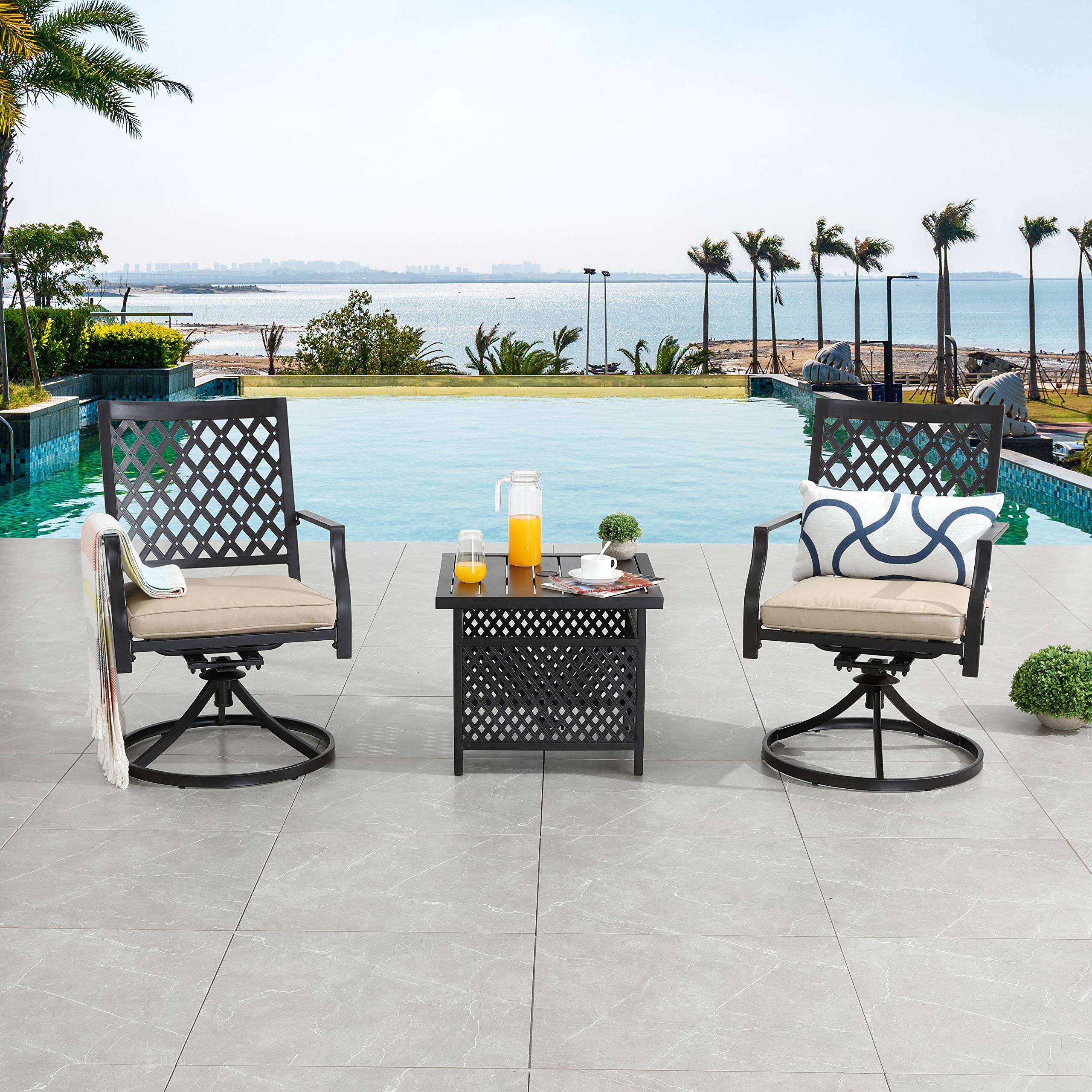 LOKATSE HOME 3-Piece Patio Swivel Set - Outdoor Metal Steel Furniture with 2 Dining Chairs & Umbrella Side Table, Beige - Perfect for Backyard, Garden, Poolside or Balcony Relaxation