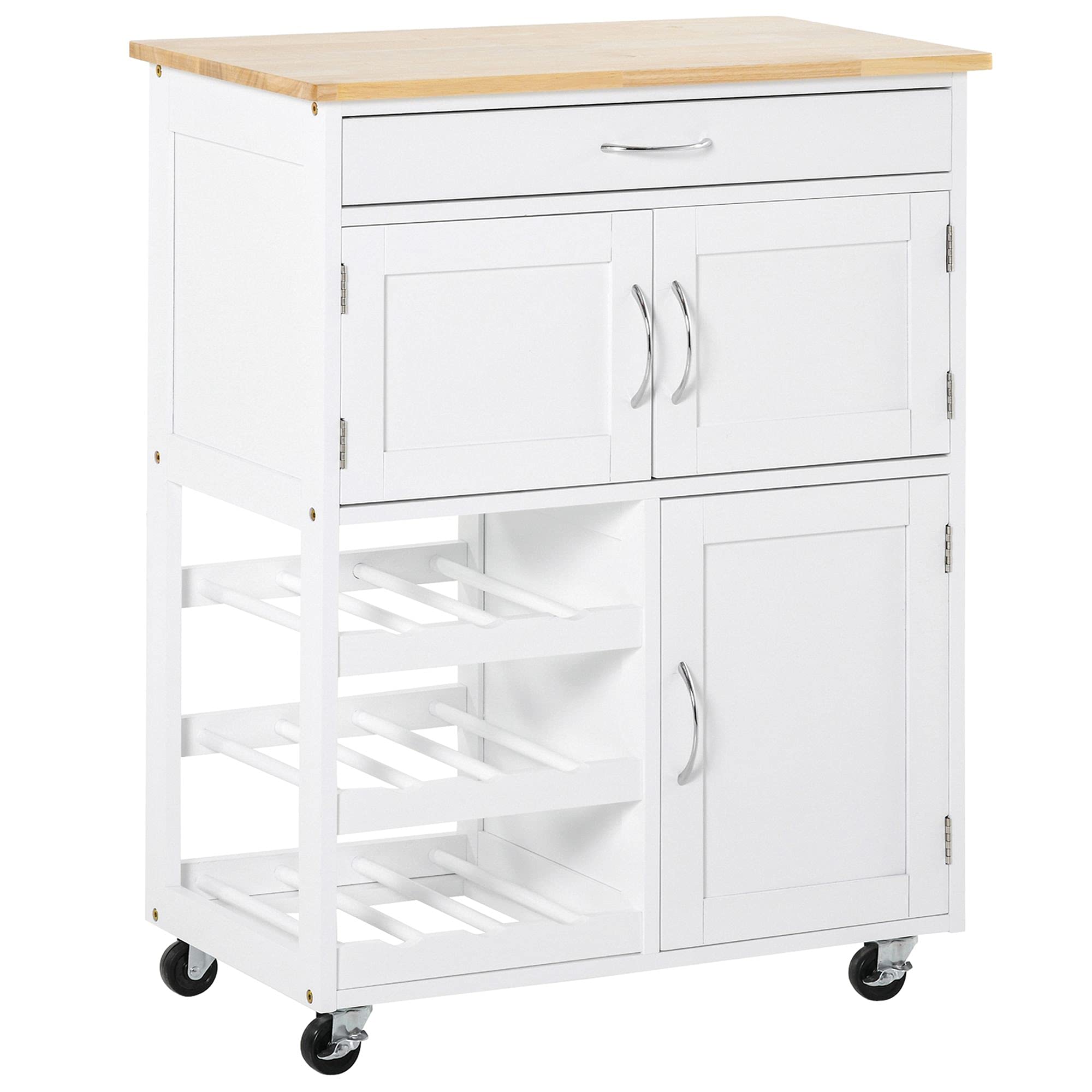 HOMCOM White Rolling Kitchen Island Cart with 9-Bottle Wine Rack, Wide Storage Drawer & Wooden Countertop - Mobile Bar Cart for Small Spaces, Kitchen Storage Solution for Apartments, Dorms & Entertaining