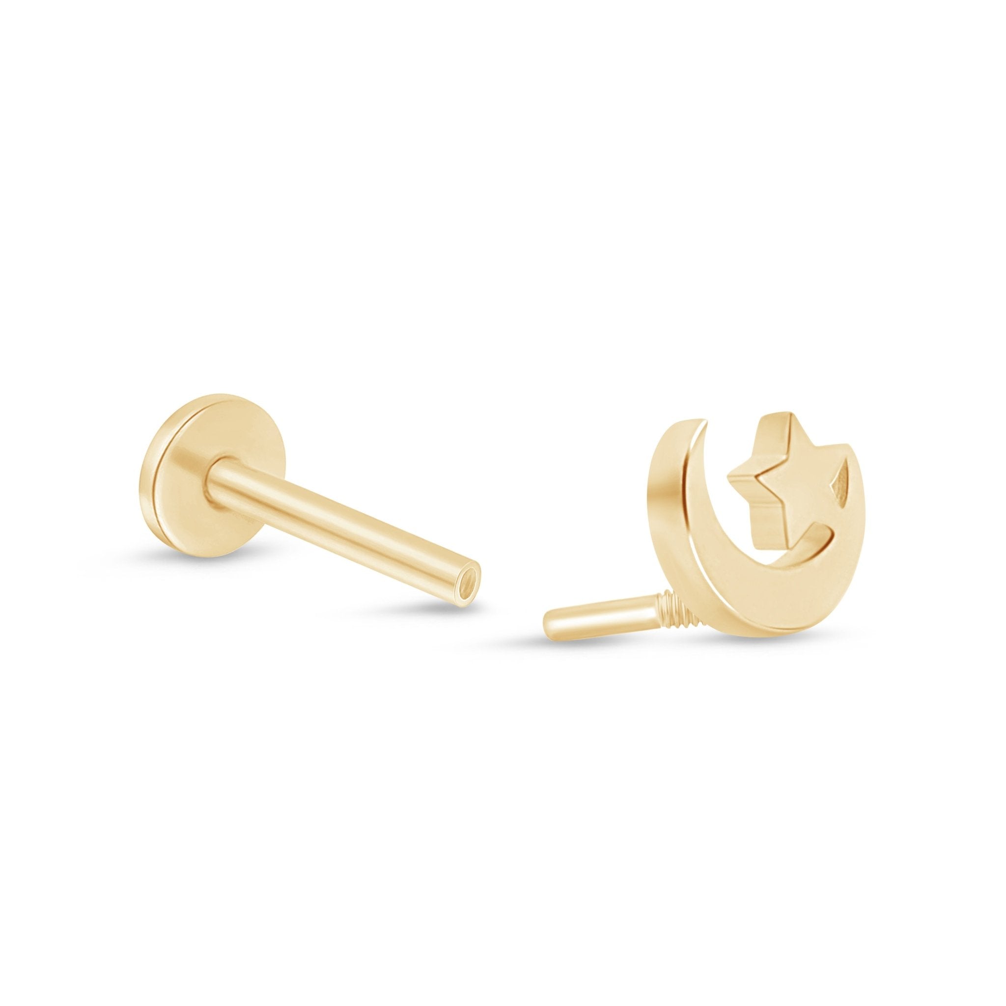14K Yellow Gold Crescent Moon and Star Stud Earrings - Hypoallergenic, Dainty Flat Back Earrings for Women - Perfect for Everyday Wear, Gifts, and Special Occasions