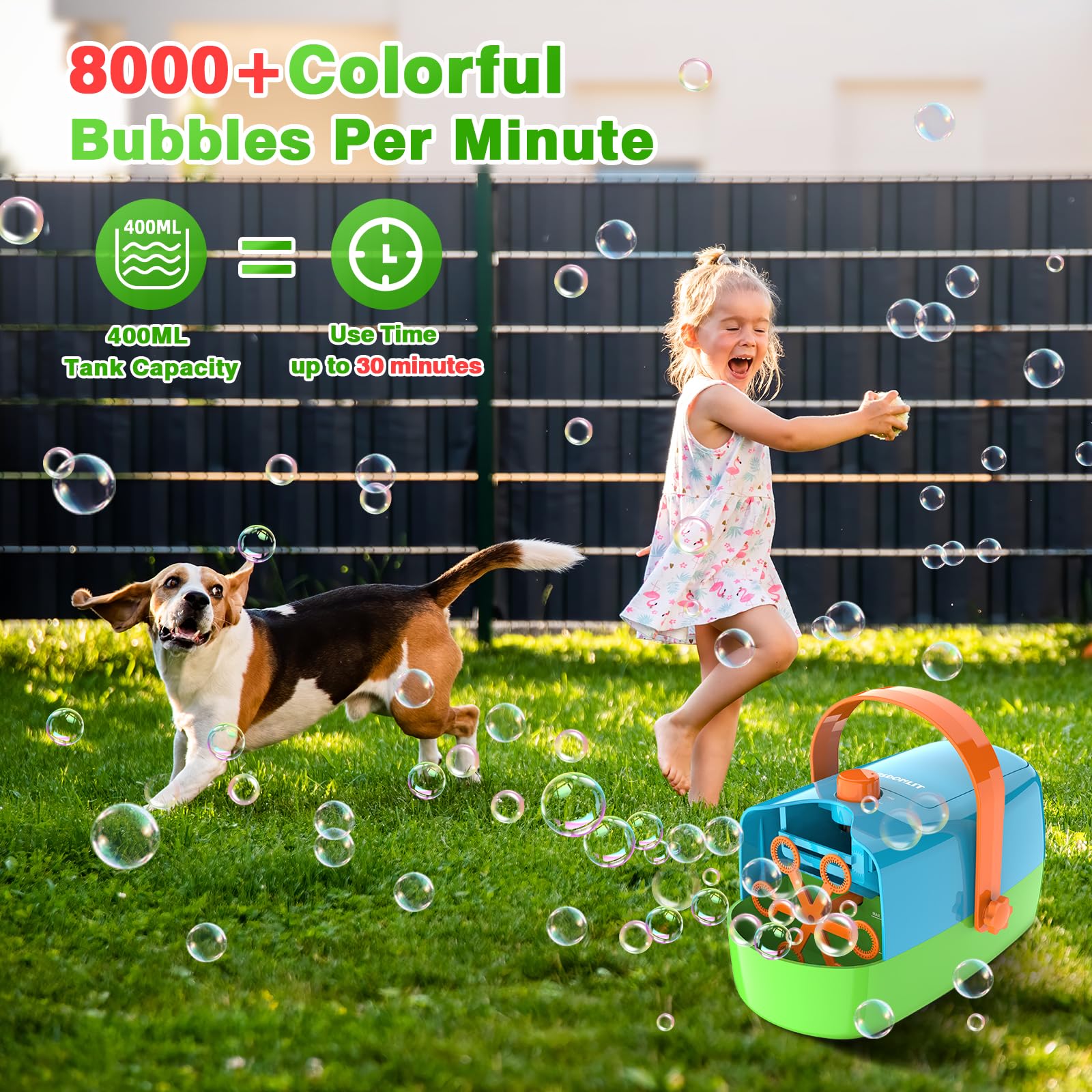 Automatic Bubble Blower Machine for Kids - 8000+ Big Bubbles Per Minute, Bubble Maker for Toddlers & Children, Battery or Plug-in Powered, Indoor/Outdoor Party Toys - Perfect for Birthday Parties, Backyard Play & Summer Fun