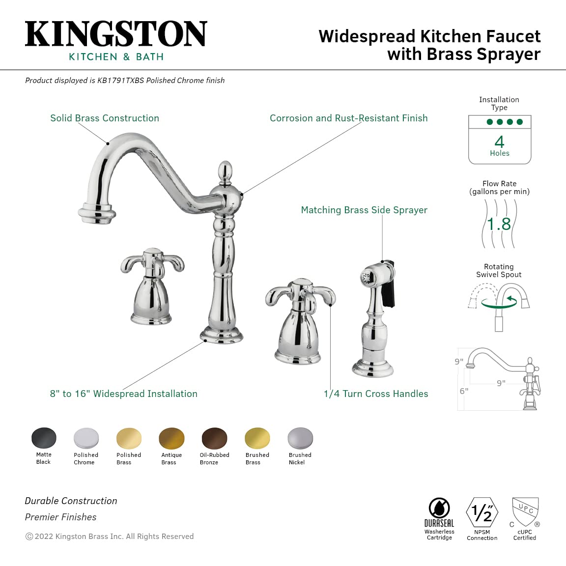 Kingston Brass KB1792TXBS French Country Widespread Kitchen Faucet with Brass Sprayer - Polished Brass Finish for Farmhouse & Vintage Style Kitchens