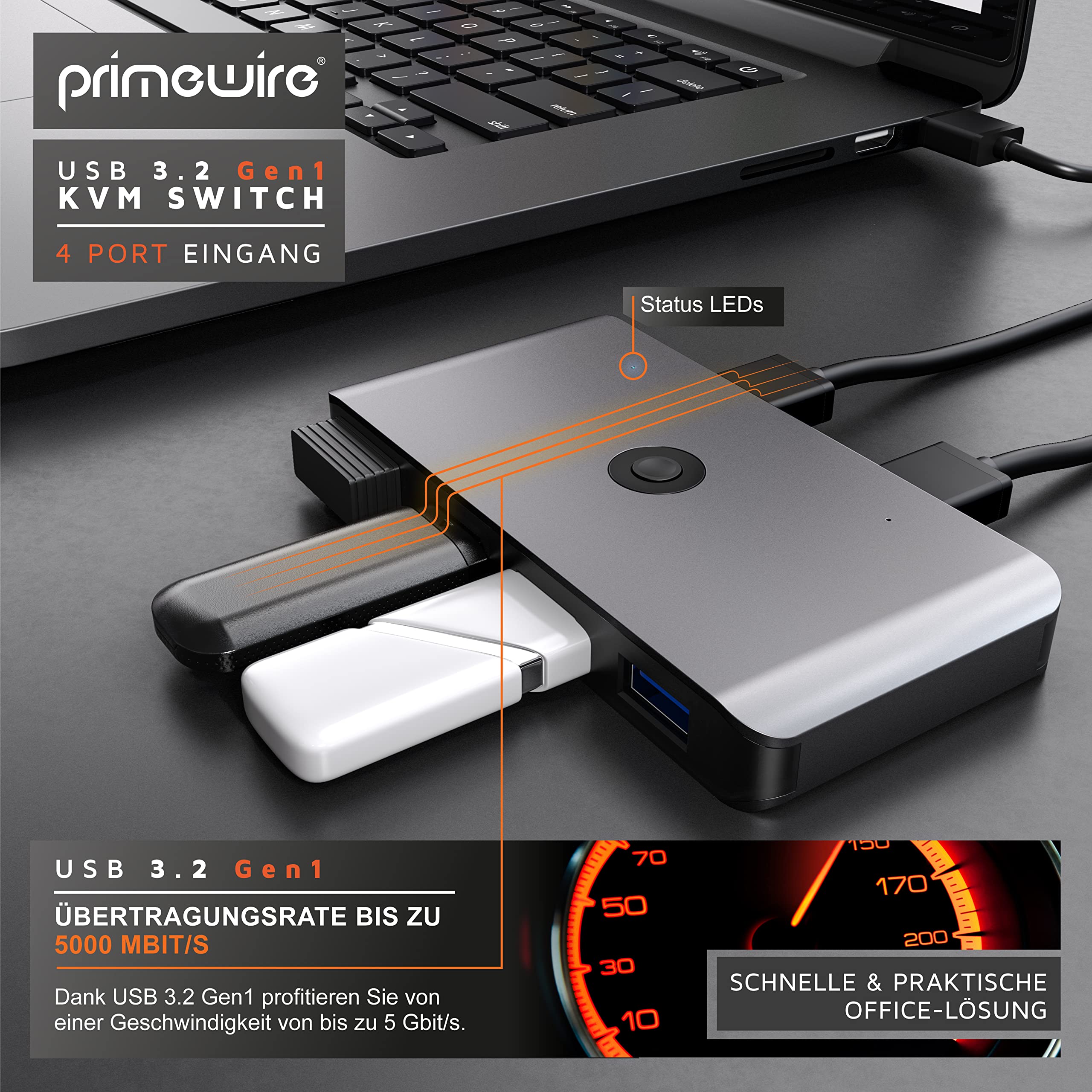 CSL USB 3.2 Gen1 Switch 2 Input 4 Output KVM Hub - Share Keyboard, Mouse, Printer, Scanner, USB Drives & Headsets Between 2 PCs - Includes 2 USB A to A Cables - Perfect for Home Office & Multi-Device Workstations