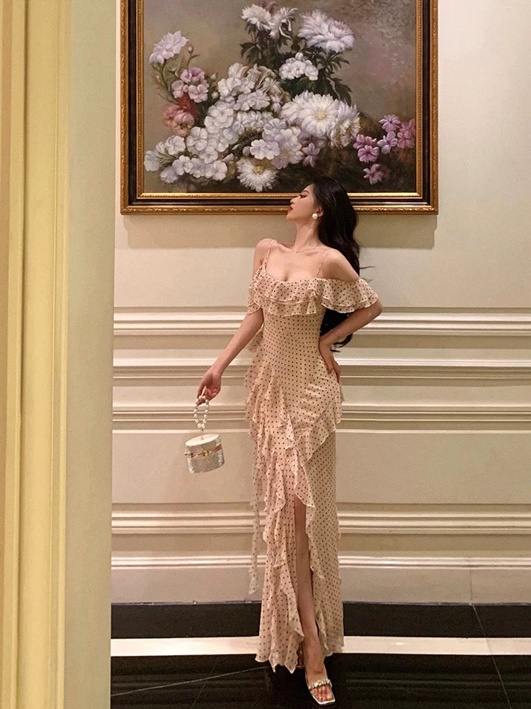 Elegant Dots Chiffon Evening Dress with Ruffles & High Slit - Formal Prom Gown J6178 for Special Occasions & Red Carpet Events