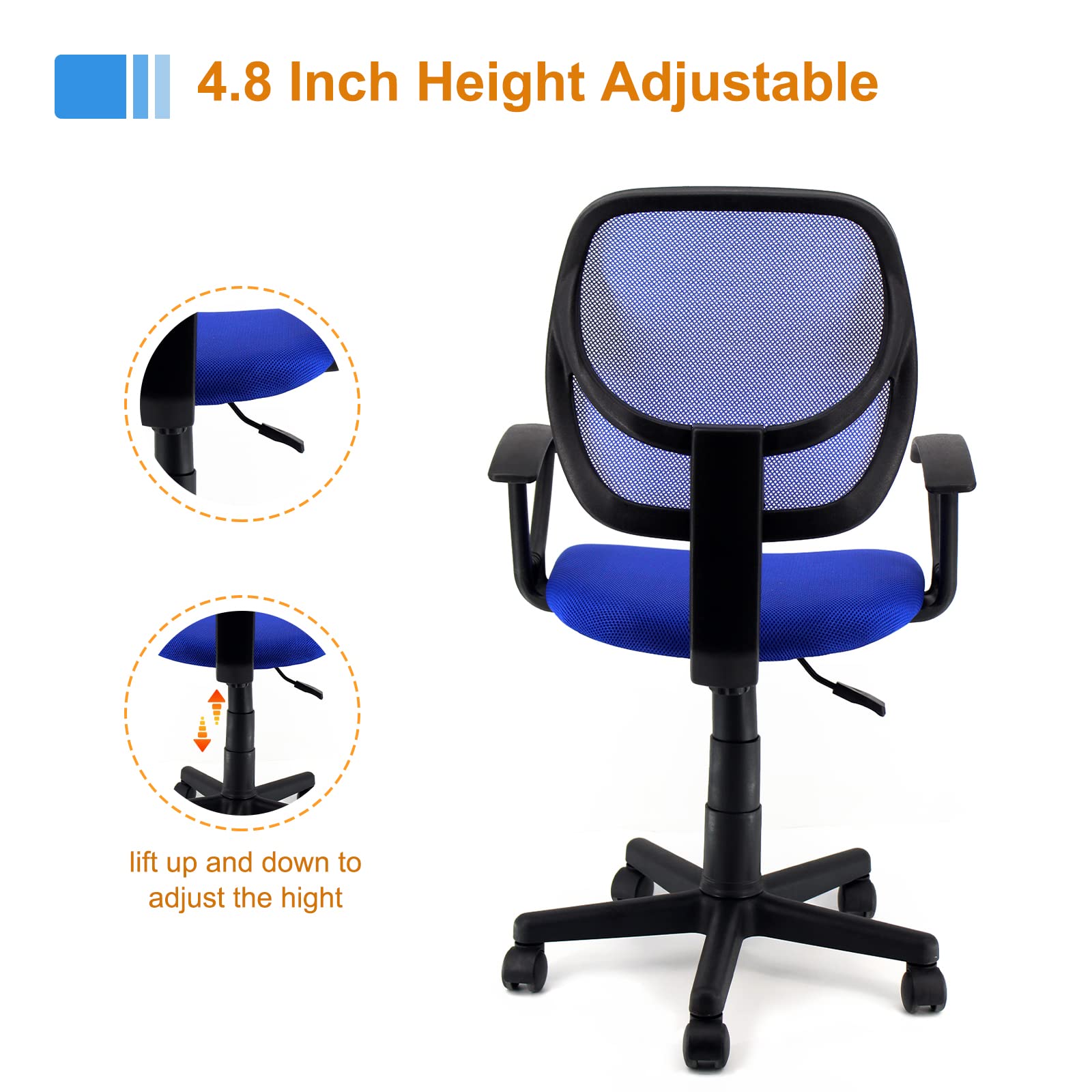 Ergonomic Mid Back Mesh Office Chair with Wheels & Adjustable Arms - Black & Blue - Perfect for Home Office, Gaming & Computer Workstations
