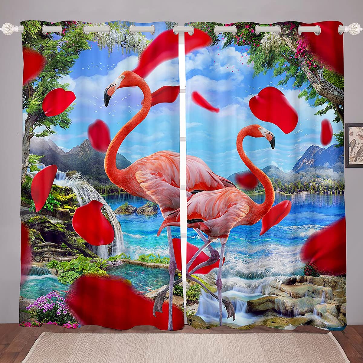 Flamingo Window Curtains 42x63 Inches - Red Floral Blackout Curtains for Kids, Girls, Teens & Adults - 2 Panel Set with Mountain Forest River Scenery - Bedroom Decor for Nursery, Living Room & Dorm