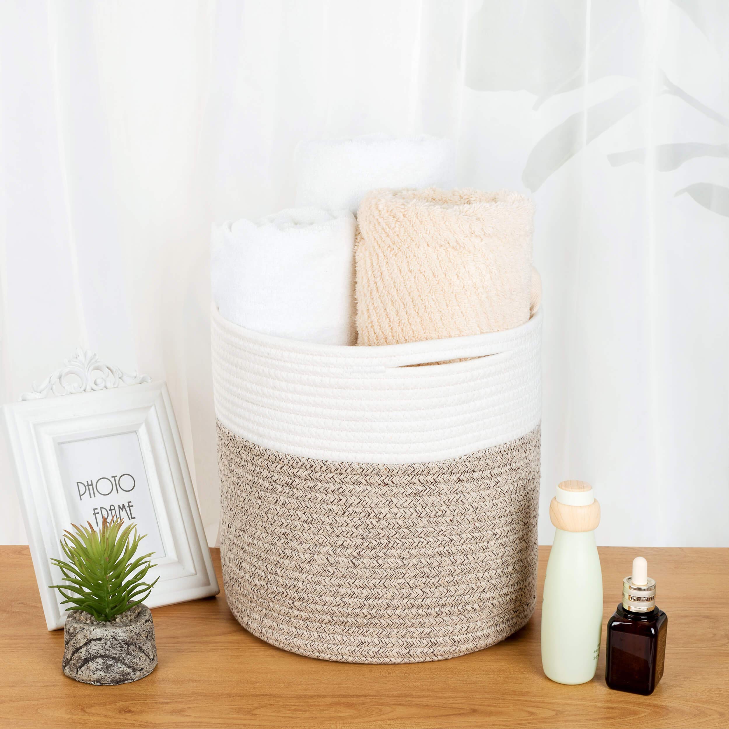 MINTWOOD 11x11 Inch Cotton Rope Basket - Decorative Round Woven Planter Cover for Indoor Plants, Flower Pots & Small Dog Toy Storage - Light Brown Home Decor for Living Room, Bedroom & Patio