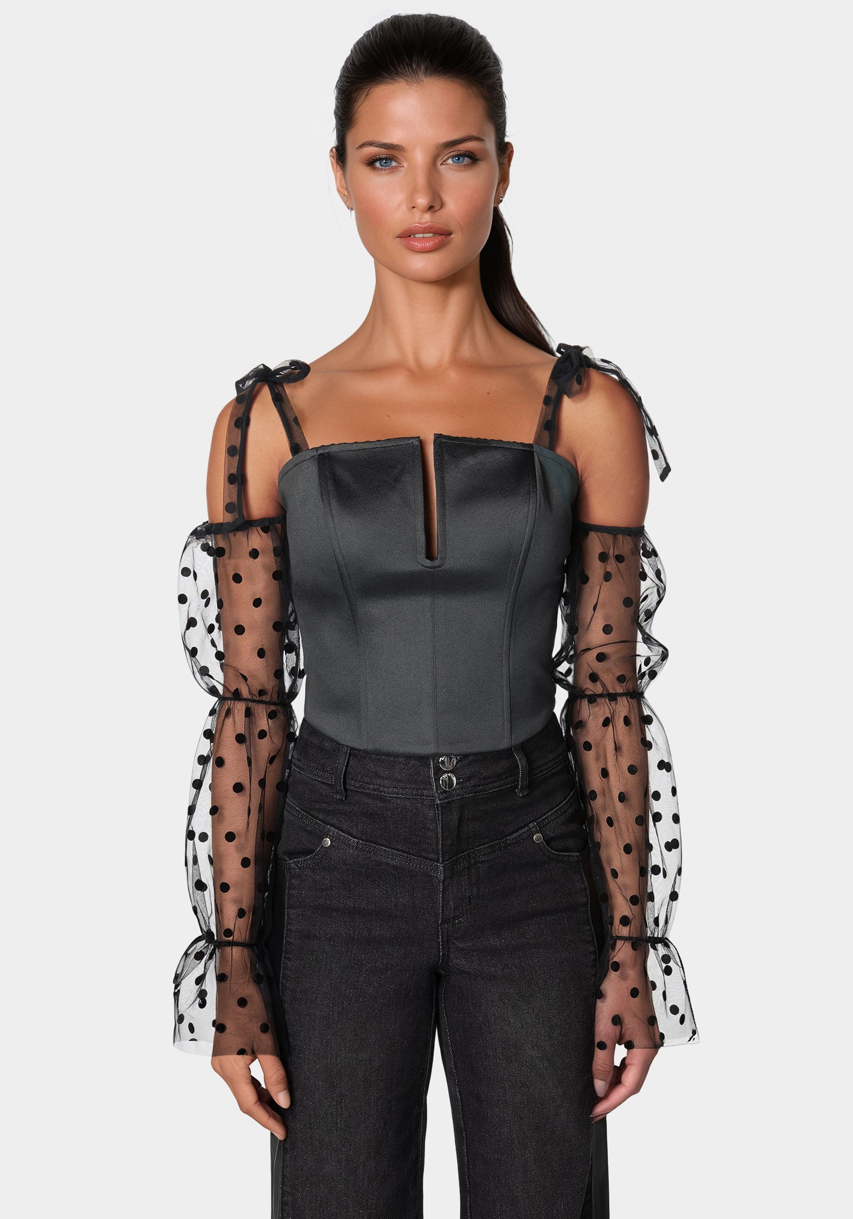 Elegant Swiss Dot Sleeve Satin Corset Top for Women | Vintage-Inspired Bustier with Lace Trim | Perfect for Weddings, Date Nights & Special Occasions
