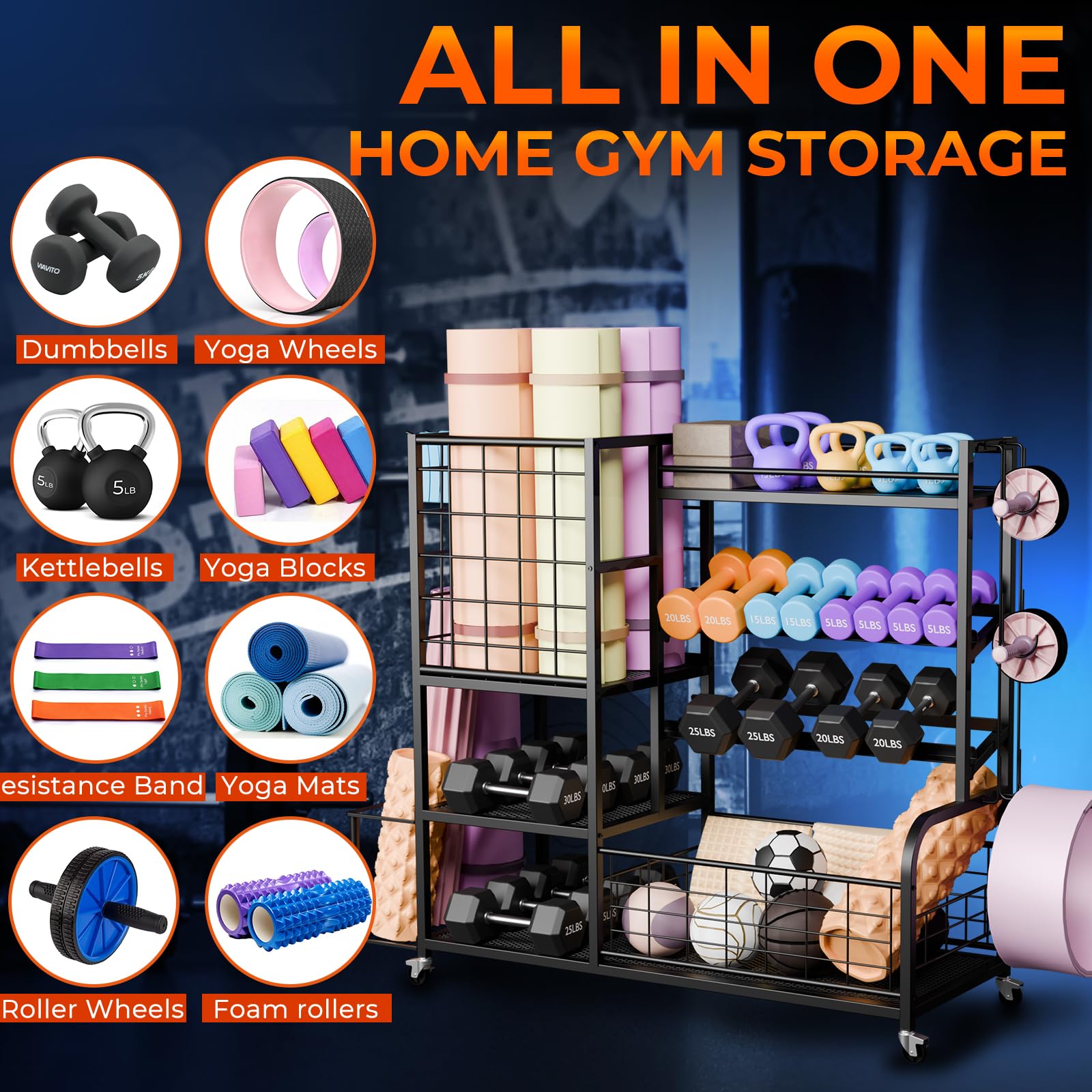 Bonvork 700LBS Heavy Duty Adjustable Dumbbell Rack with Wheels - Multi-Functional Home Gym Storage Stand for Dumbbells, Kettlebells, Yoga Mats & Exercise Equipment - Perfect for Garage, Basement & Home Workout Spaces