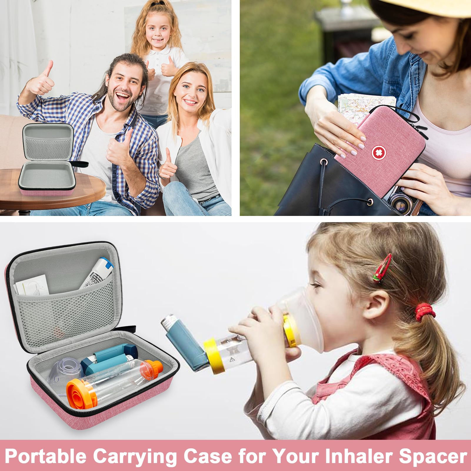 Asthma Inhaler Travel Case - Portable Hard Shell Organizer for Kids & Adults with Mesh Pocket - Holds Inhaler, Spacer, Masks & Medicine Accessories - Pink (Case Only) - Perfect for Travel, School & Daily Use