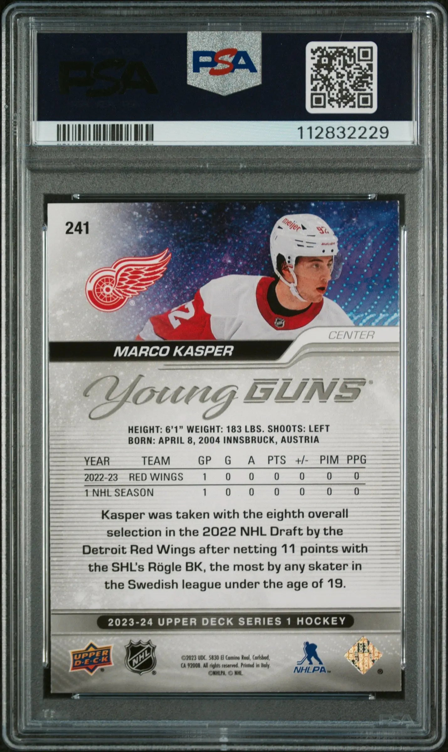 2023 Upper Deck Series 1 Marco Kasper Young Guns Rookie Card Deluxe PSA 8 /250 - Perfect for Hockey Collectors & Sports Memorabilia Enthusiasts