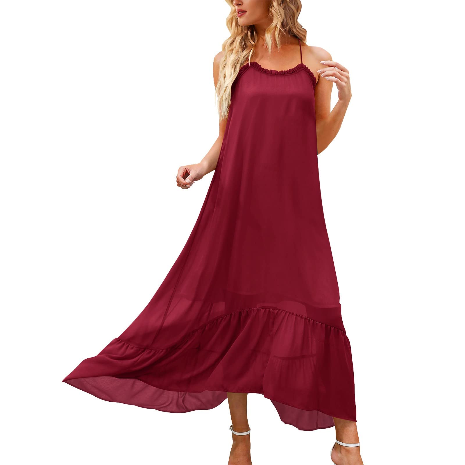 Women's Black Solid Color Spaghetti Strap Ruffled Shift Dress - Casual Loose Fit Sleeveless Dress for Summer Outings, Beach Wear & Date Nights