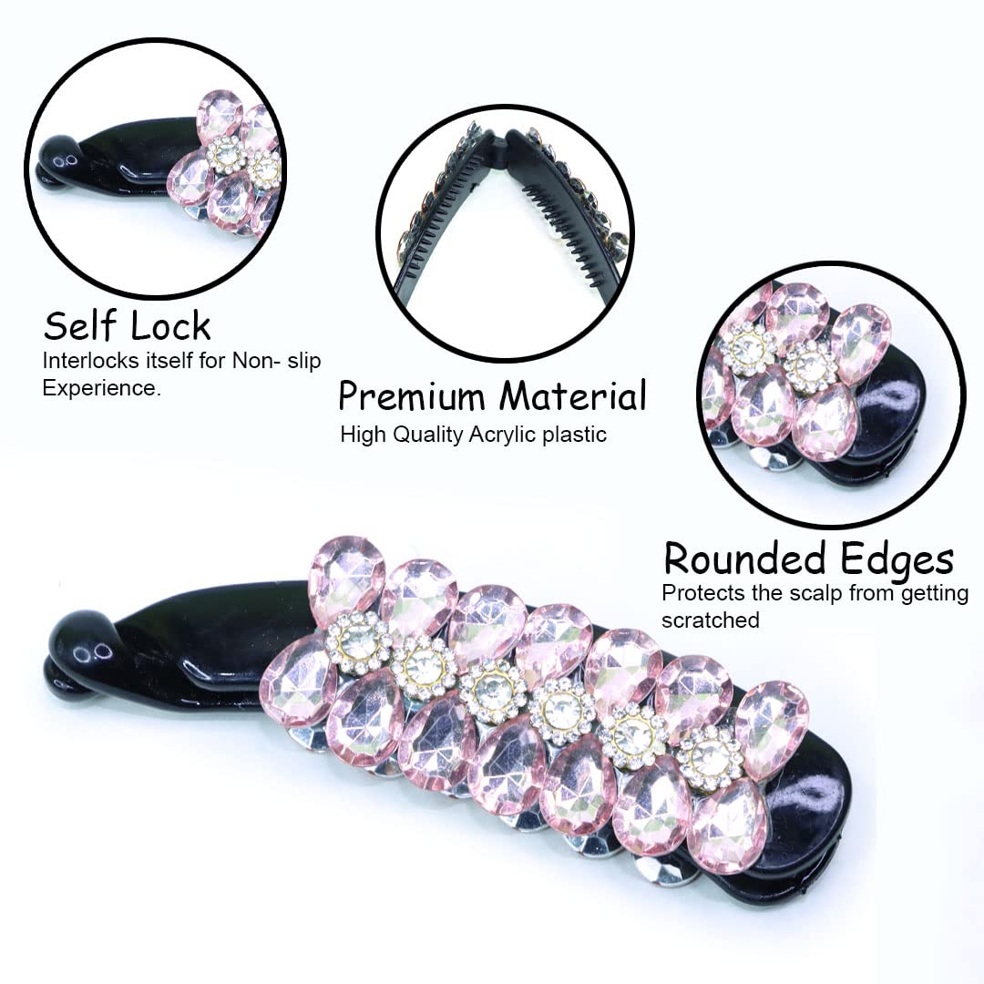 Sparkly Rhinestone Banana Hair Clip with Flower Design - Elegant Hair Accessories for Women (Pink) | Perfect for Weddings, Parties & Daily Styling