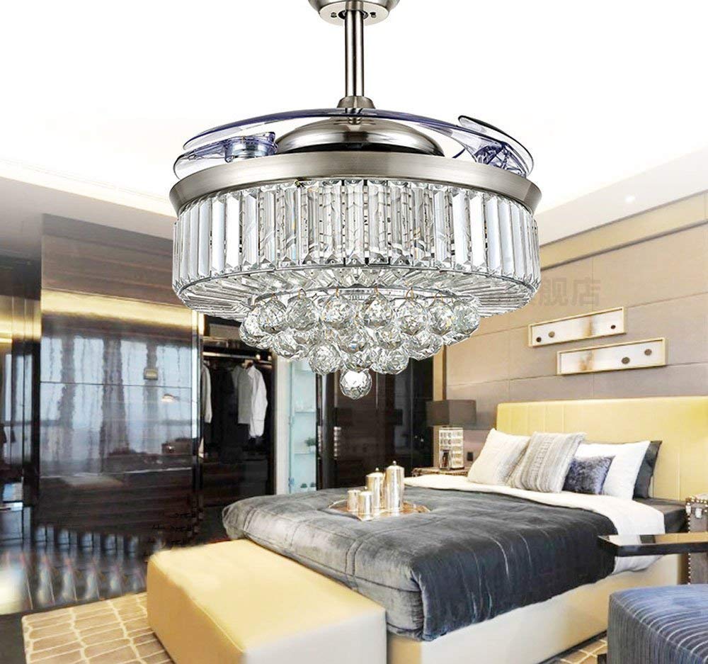36 Inch Invisible Ceiling Fan with Remote Control - 6 Speed Adjustable Retractable Blades & Color Changing LED Lights - Modern Chandelier Style for Bedroom, Living Room & Indoor Spaces (Chrome-03) - Perfect for Home Cooling and Ambient Lighting
