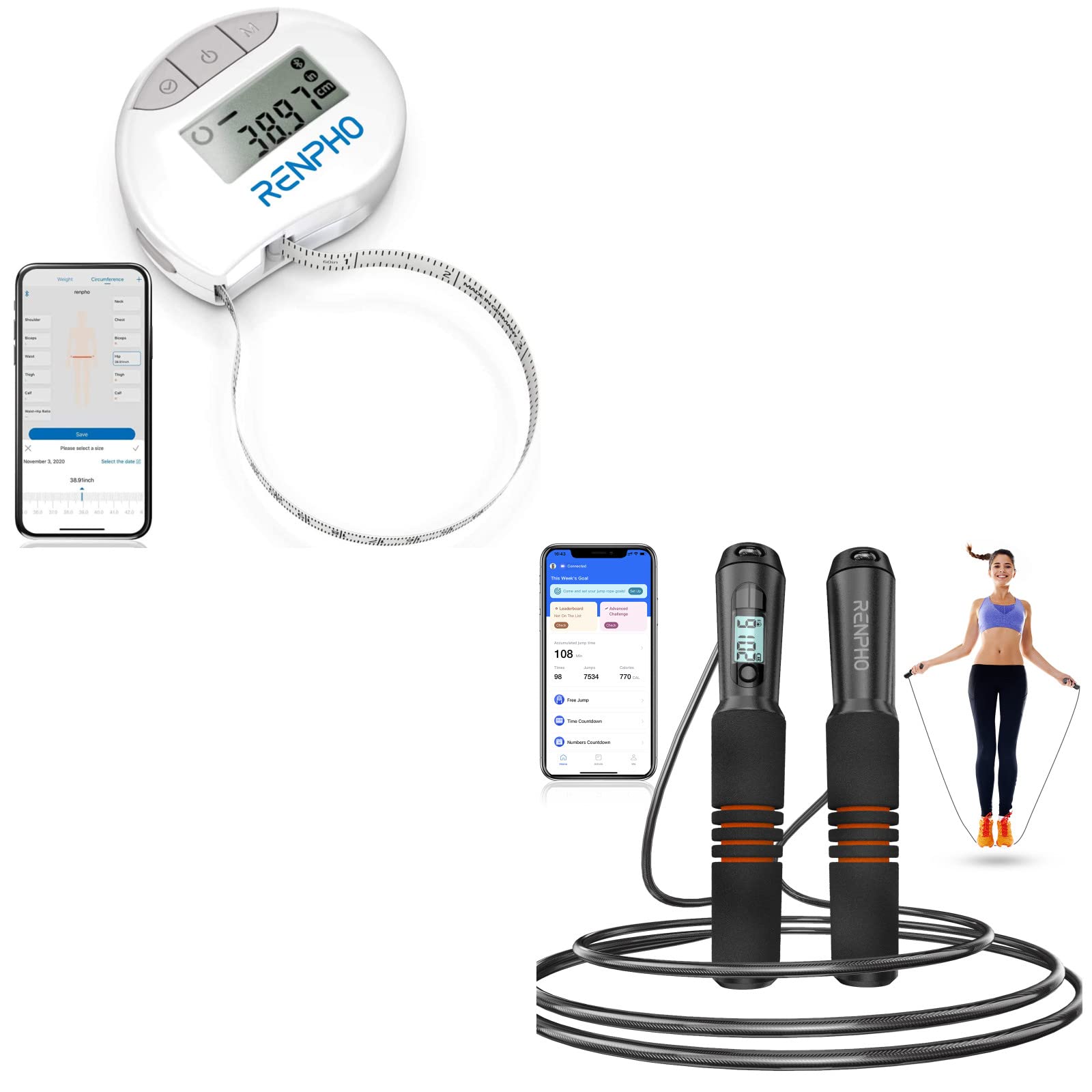 RENPHO Smart Digital Tape Measure with Bluetooth App & Smart Jump Rope - Fitness Tracking for Weight Loss, Body Measurements & Workout Progress (Ideal for Home Gym, Personal Training & Health Monitoring)