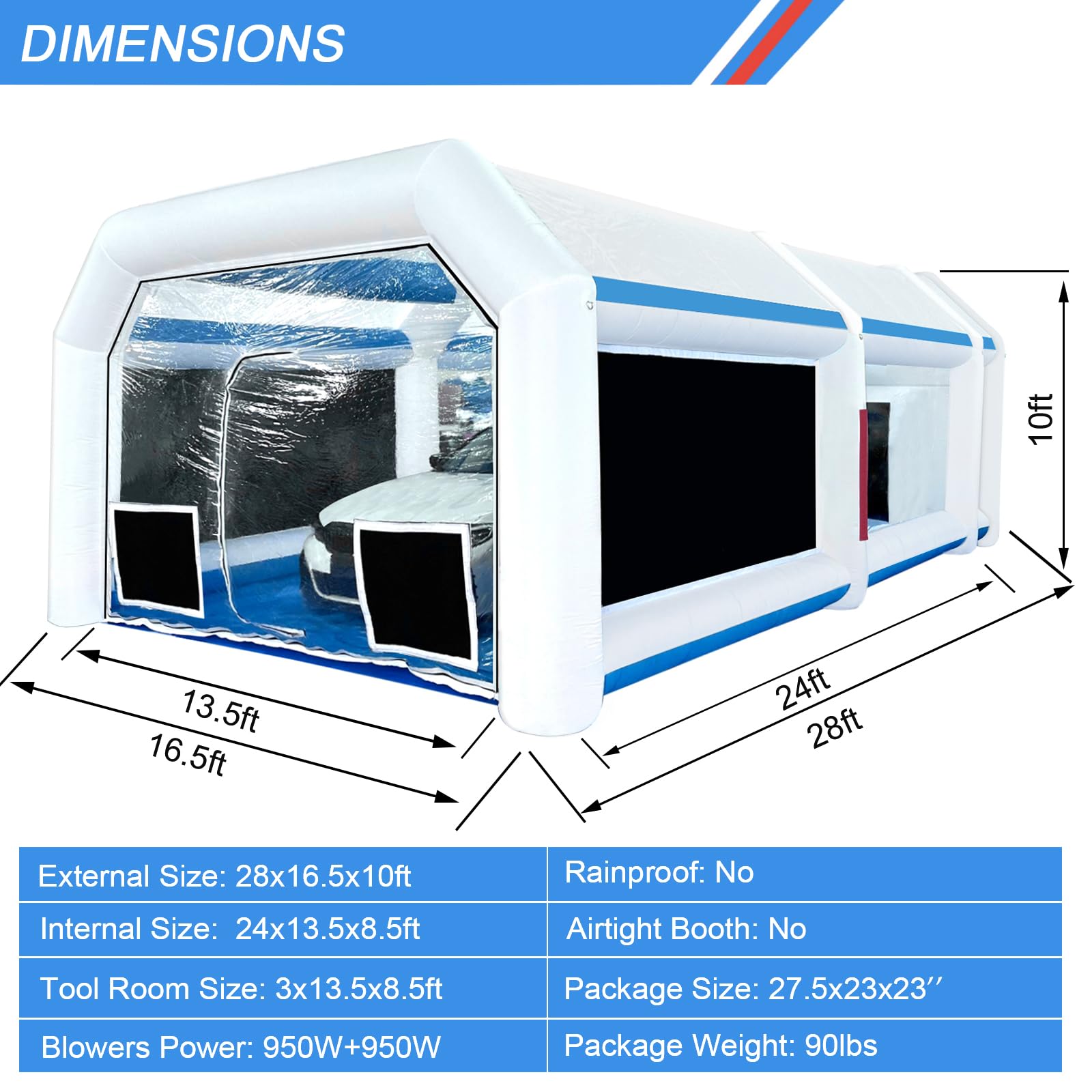Portable Inflatable Paint Booth 28x16.5x10Ft - Dual 950W Blowers for Car, Auto Parts & Furniture Painting | High Efficiency Air Exchange System | Perfect for DIY Projects, Auto Body Shops & Home Renovations