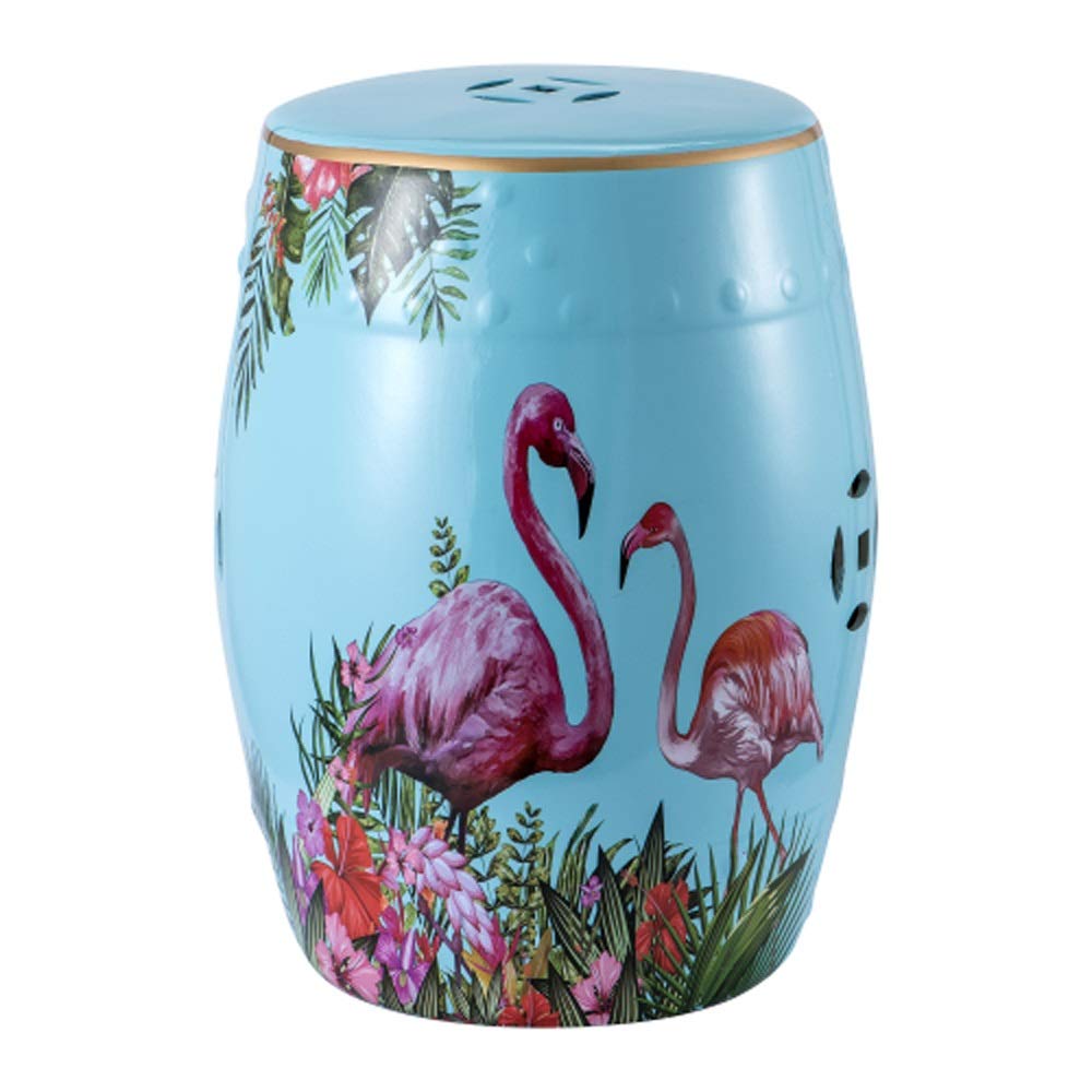 Heavy Duty Ceramic Side Table - Sturdy Patio Garden Stool with Flamingo Design, Blue - Perfect for Outdoor Decor, Plant Stand, and Living Room Accent