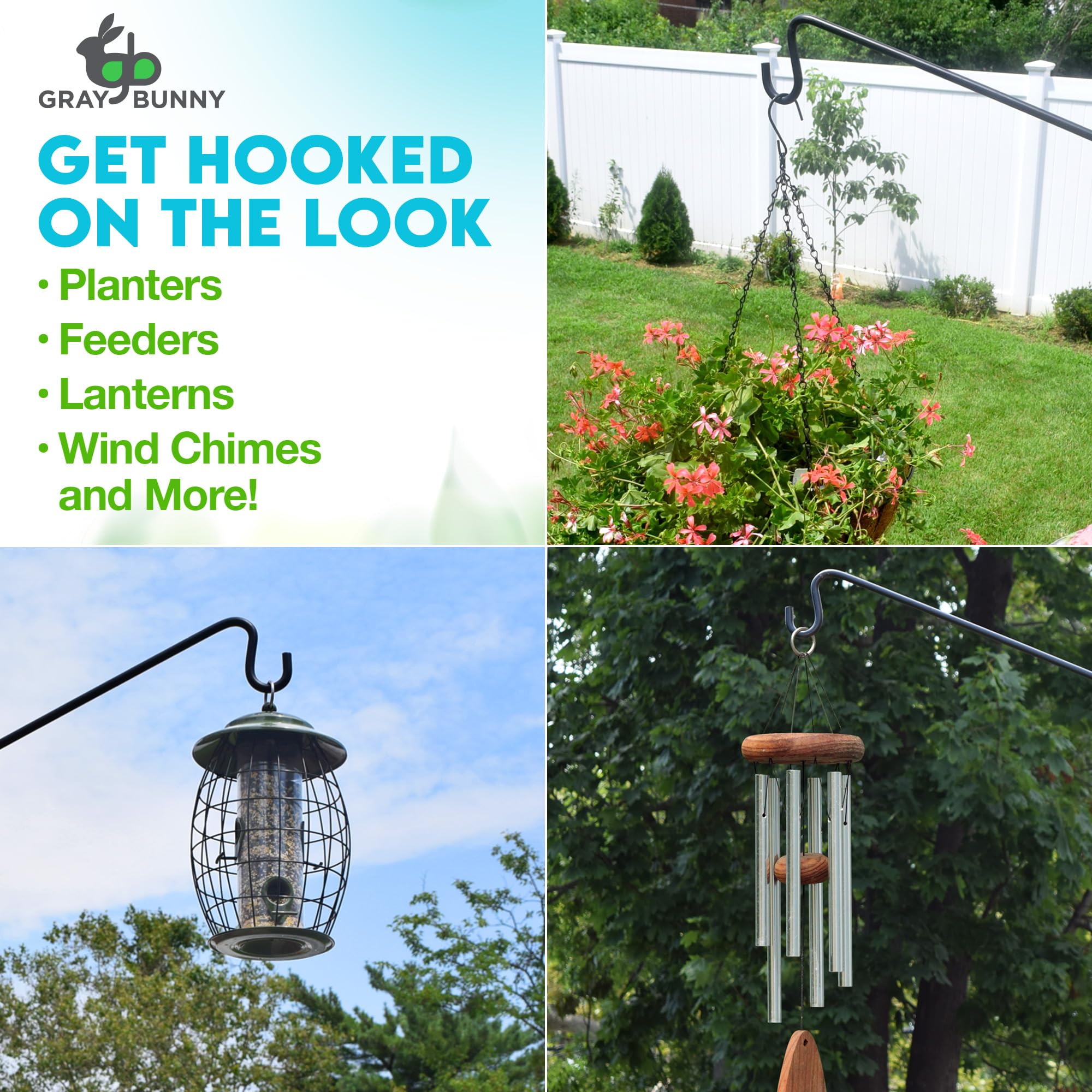 **Gray Bunny Deck Hook 2 Pack - 30 Inch Bird Feeder Pole with Non-Slip Clamp - Perfect for Railings, Feeders, Planters, Suet Baskets, Lanterns & Wind Chimes - Outdoor Garden & Patio Decor**
