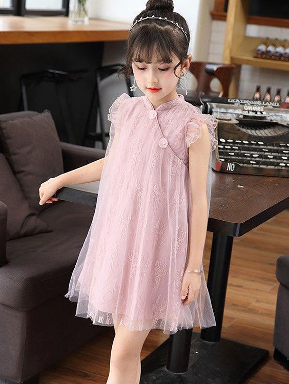 Pink and Green Lace Cheongsam Dress for Girls - Traditional Chinese Qipao Outfit for Birthday Parties, Festivals & Special Occasions