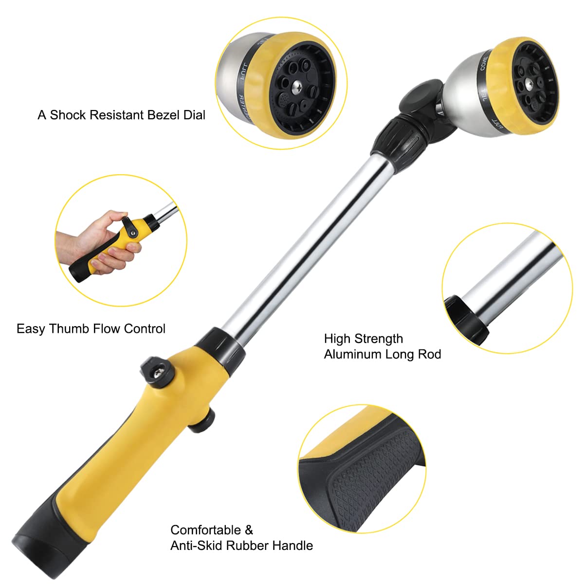 FANHAO 16 Inch Heavy Duty Garden Watering Wand with 180° Rotating Head & Thumb Control Valve - 8 Spray Patterns Hose Nozzle for Lawn, Flowers & Plants (Yellow) - Perfect for Watering Gardens, Lawns & Hard-to-Reach Areas