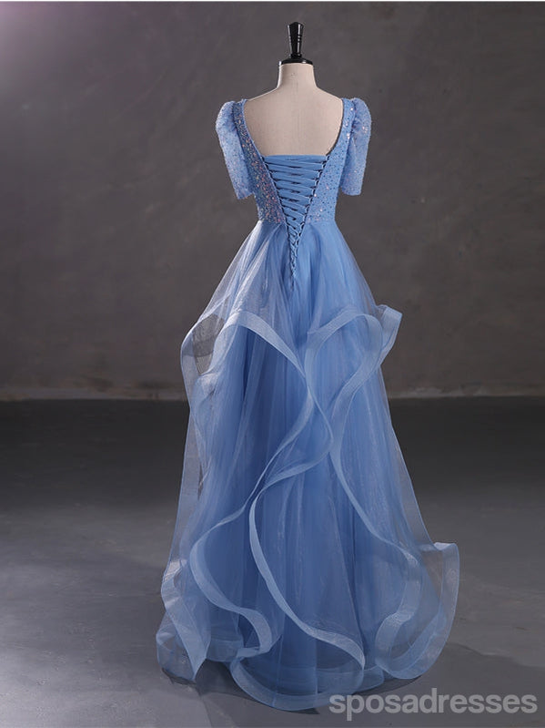 Blue A-Line Short Sleeve Jewel Neckline Prom Dress - Elegant Long Formal Gown for Homecoming, Ball & Special Occasions | Online Shopping