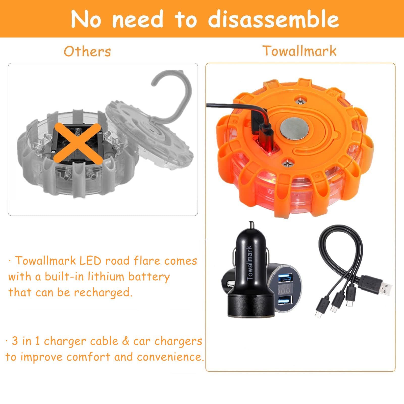 GARVEE 3 Pack USB Rechargeable LED Road Flares - Emergency Warning Lights for Roadside Safety, Magnetic Base & Hook for Cars, Trucks, Boats - Includes 1 USB Car Charger & Batteries - Perfect for Nighttime Breakdowns, Camping & Marine Emergencies