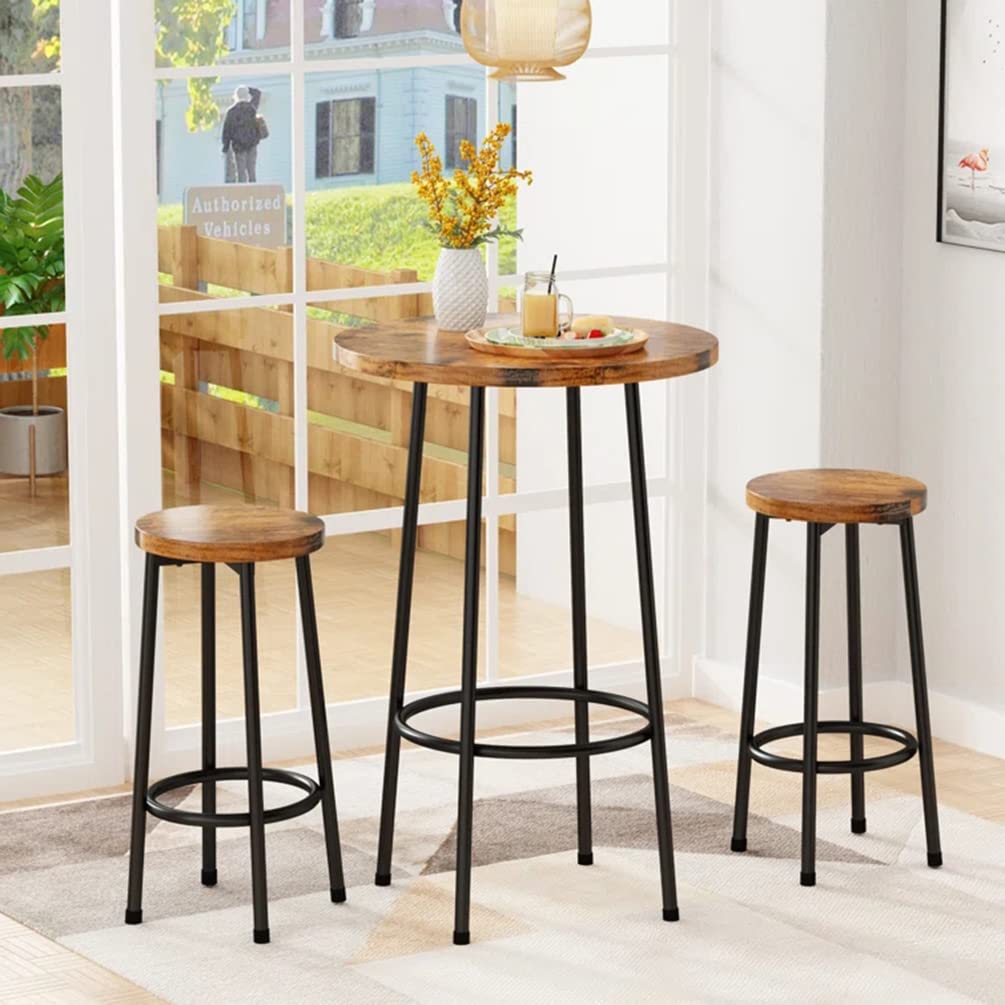 3-Piece Bar Table Set - Round Bistro Dining Table with 2 Counter Height Stools, Space-Saving Pub Table for Kitchen, Balcony & Small Apartments - Rustic Brown - Perfect for Breakfast Nooks, Outdoor Entertaining & Compact Living Spaces