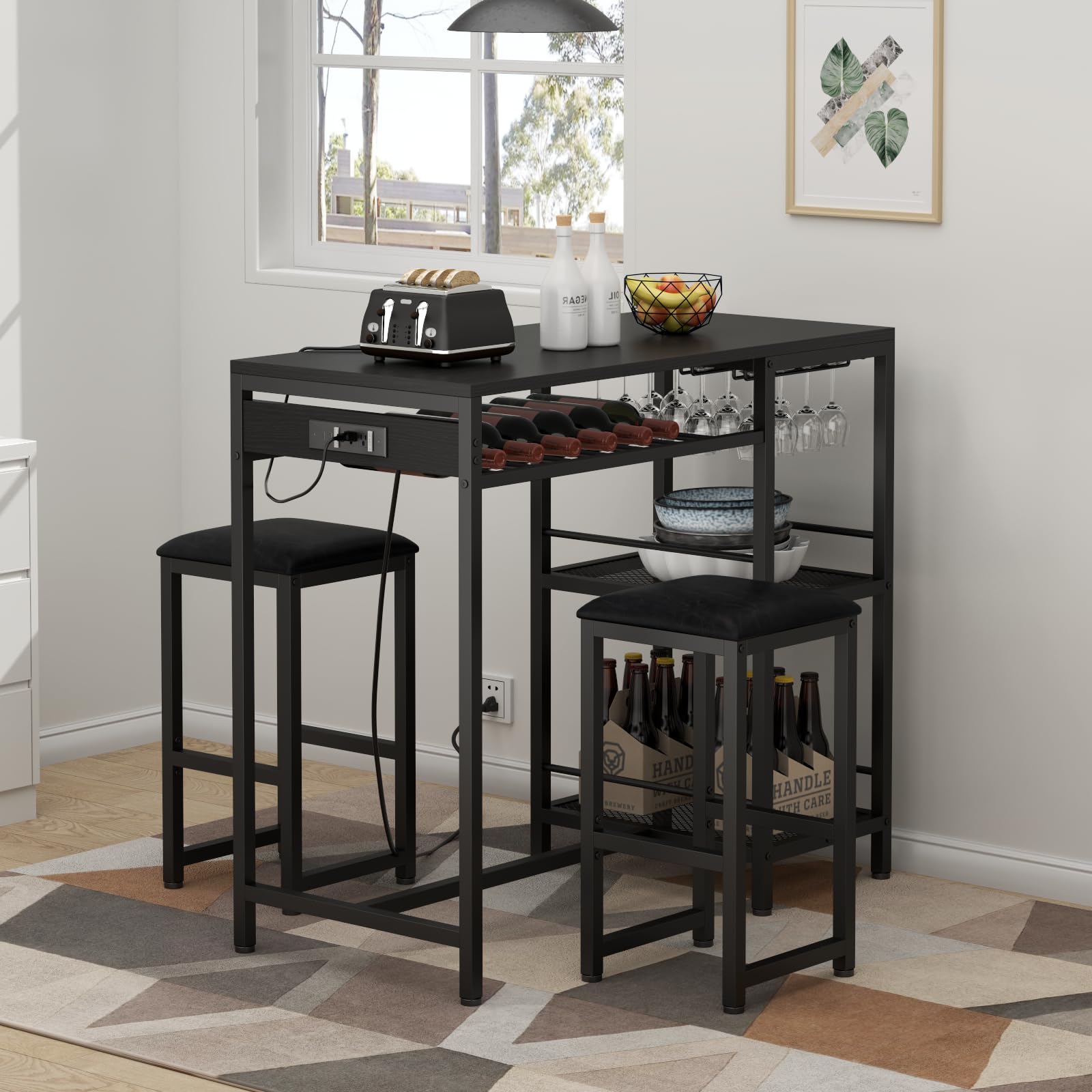 Modern Black Bar Table and Chairs Set with Power Outlet, 3-Piece Pub Table Set with 2 Storage Shelves, Wine Rack & Glass Holder - Perfect for Living Room, Dining Room, Small Apartment, and Outdoor Patio