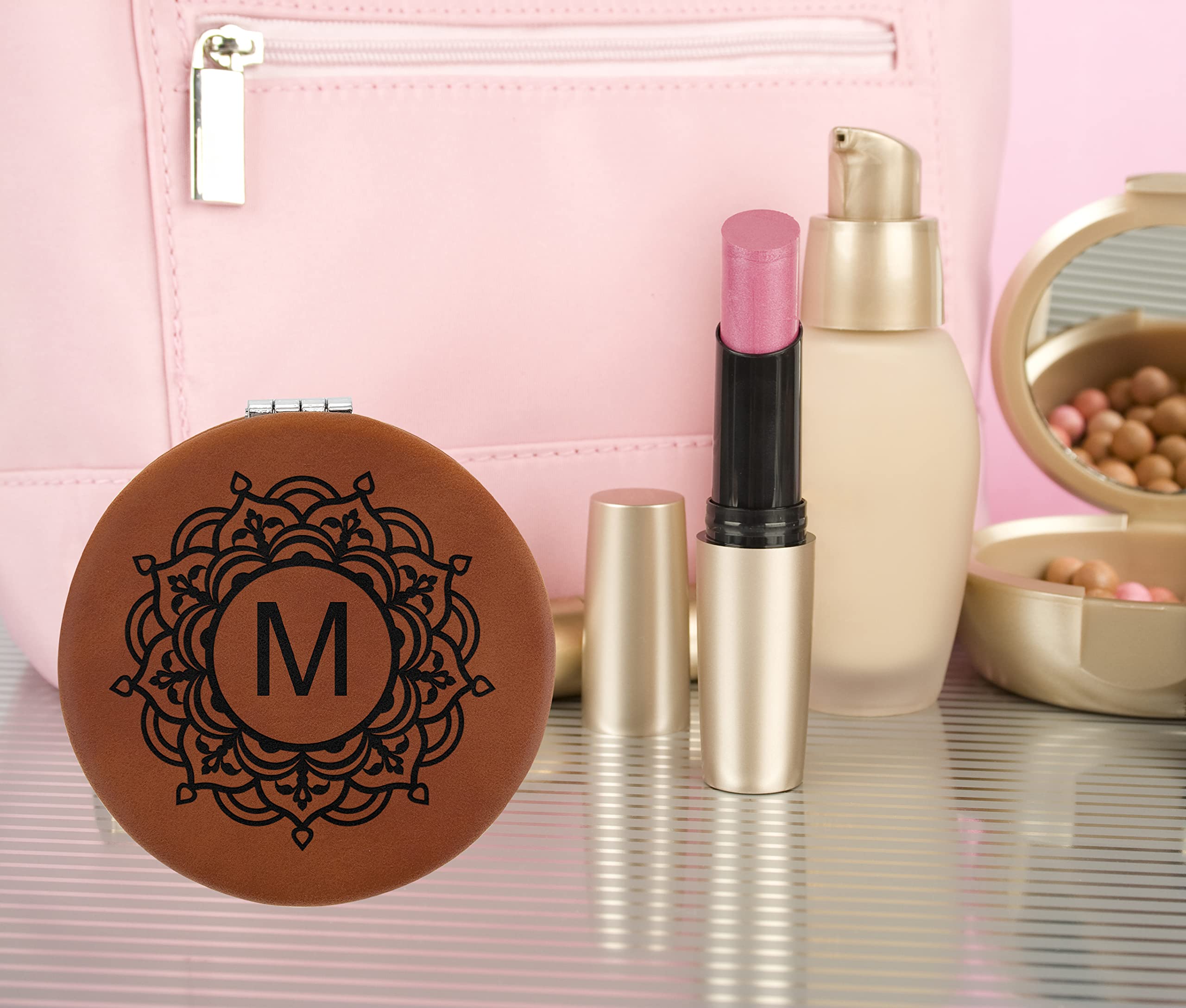 Custom Engraved Personalized Compact Mirror - Double Sided Magnification Travel Pocket Mirror for Women | Wedding, Birthday Gift Idea | Perfect for Purse, Makeup Bag & Travel Accessories (PU Leather)
