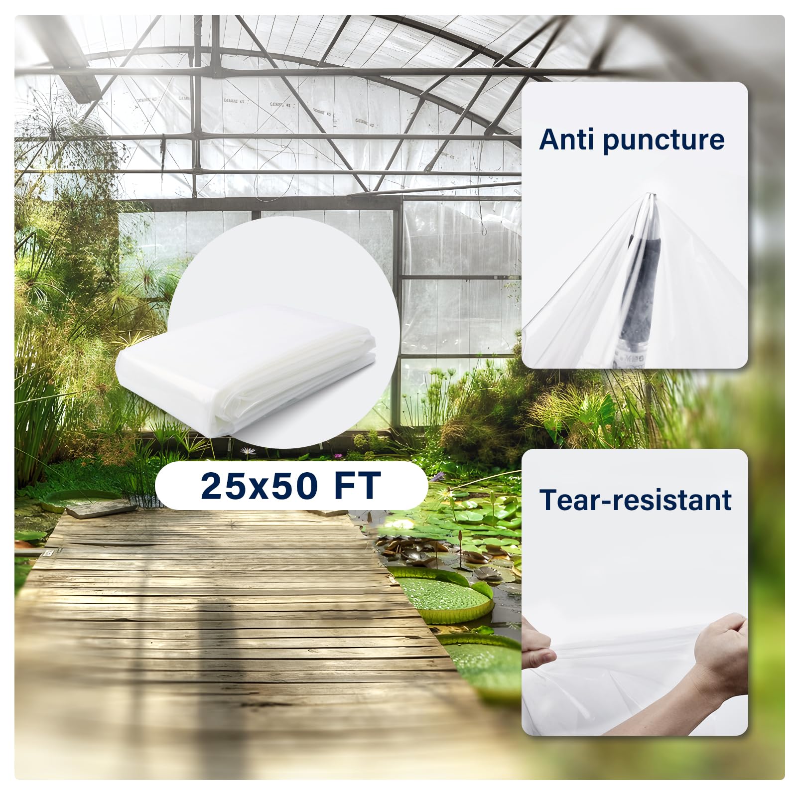 6 Mil Greenhouse Plastic Film 25x50FT - Heavy Duty UV Resistant Cover with 20PCS 3.28FT Spring Wire & Lock Channel for DIY Greenhouse, Garden, Plant Protection - Perfect for Backyard, Farm, and Commercial Growing