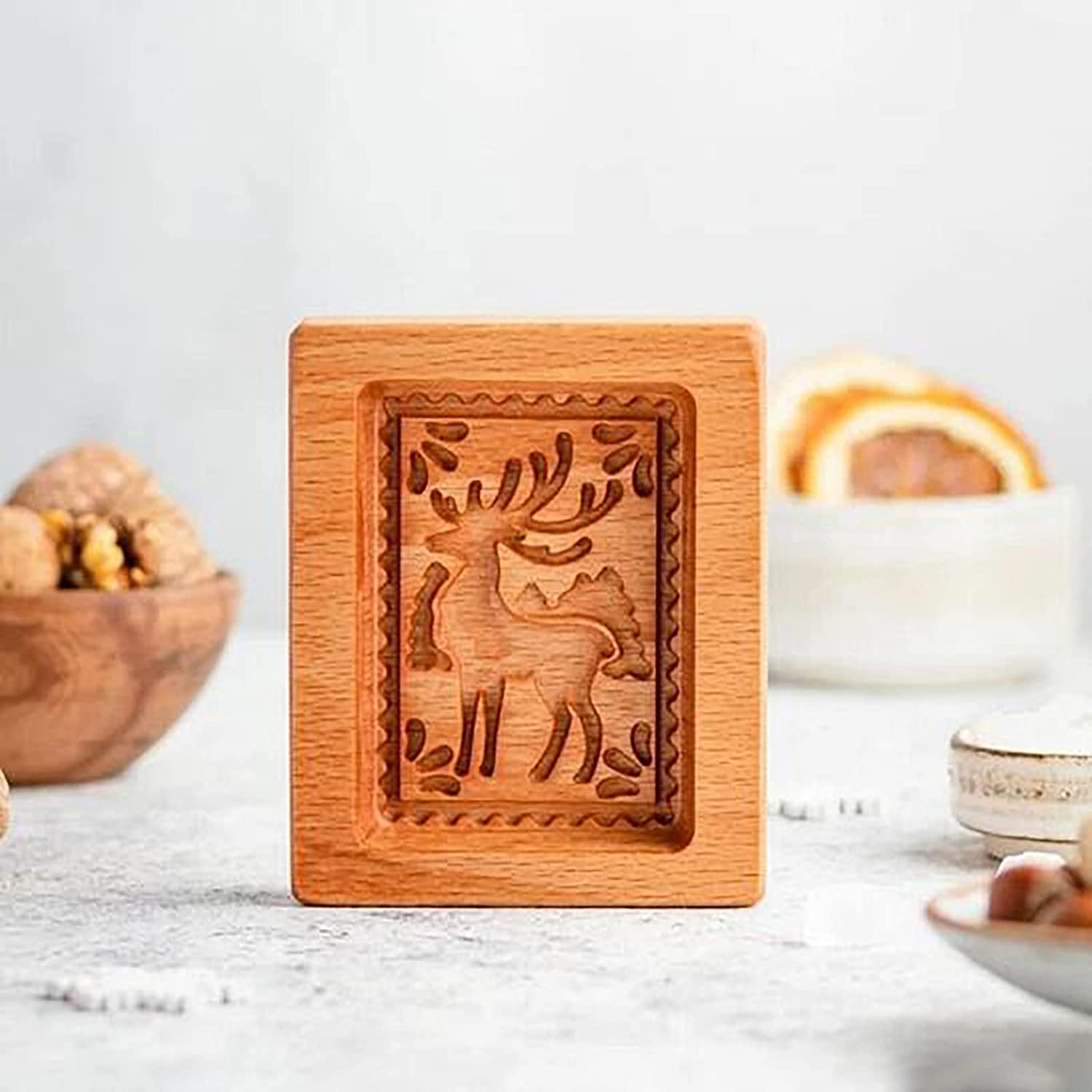 Hand-Carved Wooden Cookie Mold - Gingerbread & Biscuit Press Stamp for Baking - Deer Design with Pine Cones & Provence Rose - Perfect for Holiday Cookies, DIY Baking, and Christmas Gift Giving