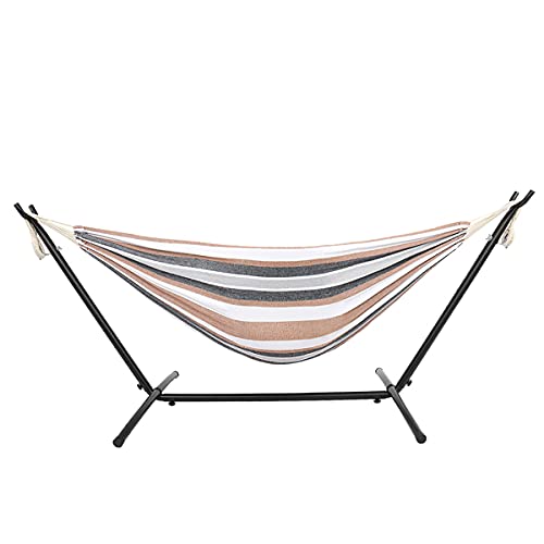 9ft Double Cotton Portable Hammock with Stand - Heavy Duty Space Saving Steel Frame (450 lb Capacity) - Coffee Strip Pattern with Natural Rope - Perfect for Patios, Backyards, Camping & Outdoor Relaxation