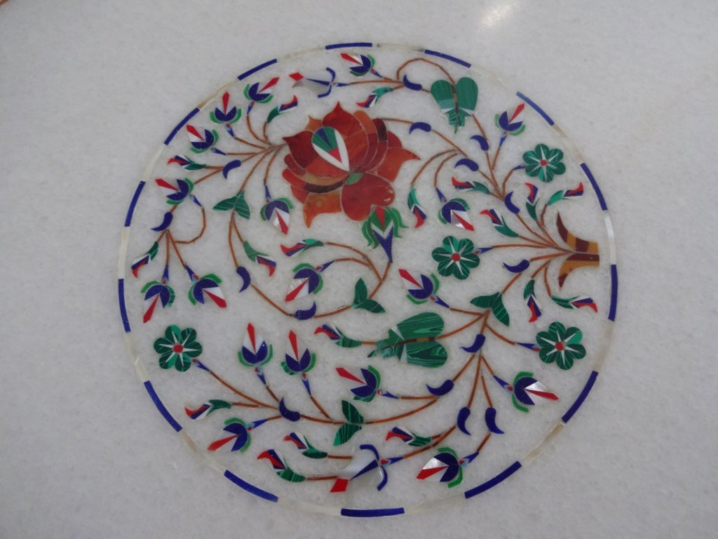24 Inch White Marble Coffee Table Top with Floral Pietra Dura Inlay Art - Mughal Design Decorative Home Decor for Living Room & Office