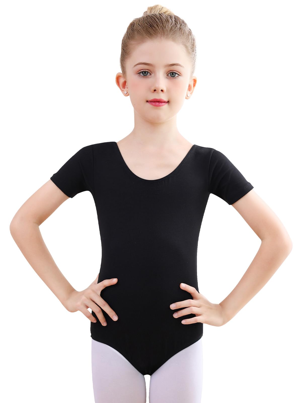 Monbessi Girls Short Sleeve Basic Leotard - Cotton Ballet Dance Gymnastics Bodysuit for Toddler, Little & Big Kids - Perfect for Dance Class, Recitals & Gymnastics Practice