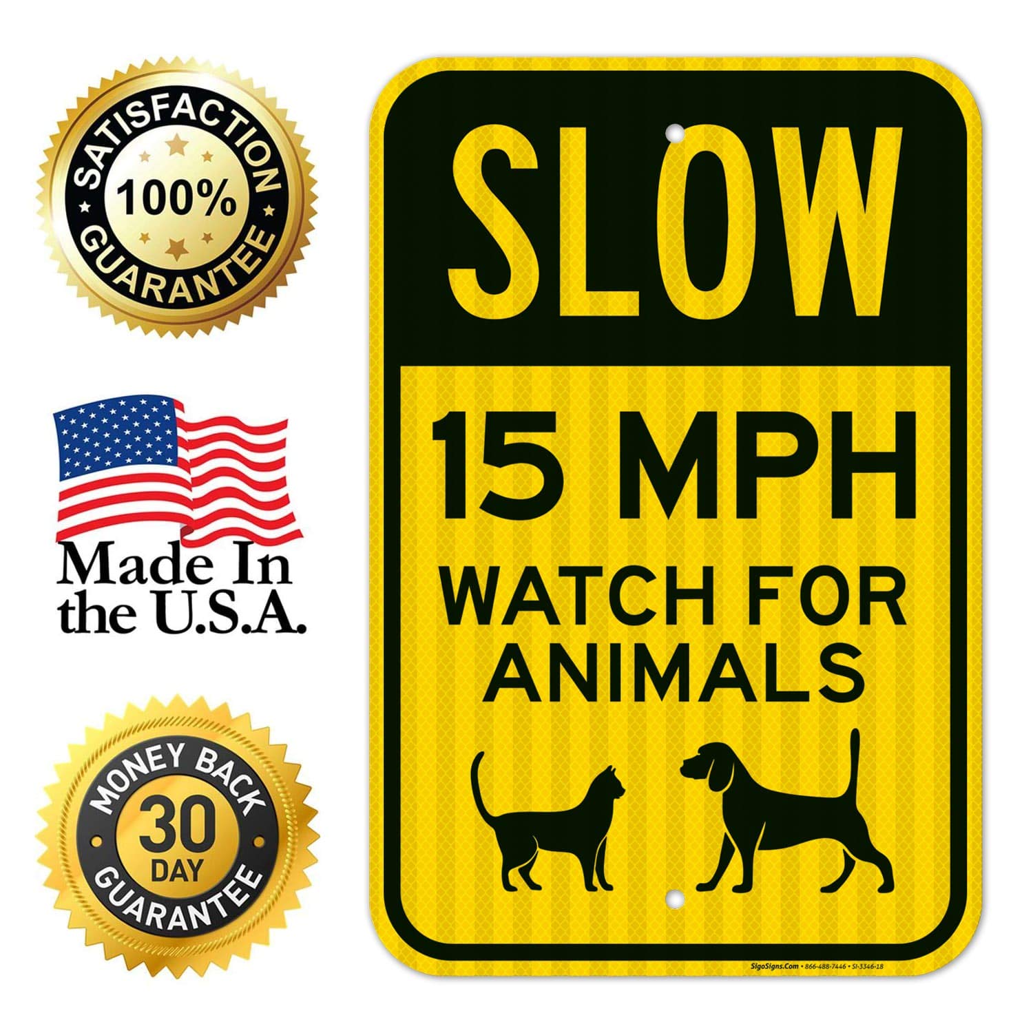Slow 15 MPH Animal Crossing Sign - 12x18 Inch Reflective Aluminum Traffic Warning Sign for School Zones & Neighborhoods | 3M EGP Coated, Fade Resistant, USA Made | Perfect for Roads, Parks & Residential Areas