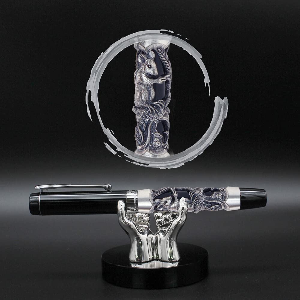 ARTEX Luxury Craft Fountain Pen with Germany Schmidt Nib - Relievo Zodiac Eastern Style Writing Instrument for Professionals & Executives - Metal Pen with Gift Box & Free Engraving (Ancient Silver Rat Design 14.2x1.6cm) - Perfect for Office Use, Business Gifts & Calligraphy Enthusiasts