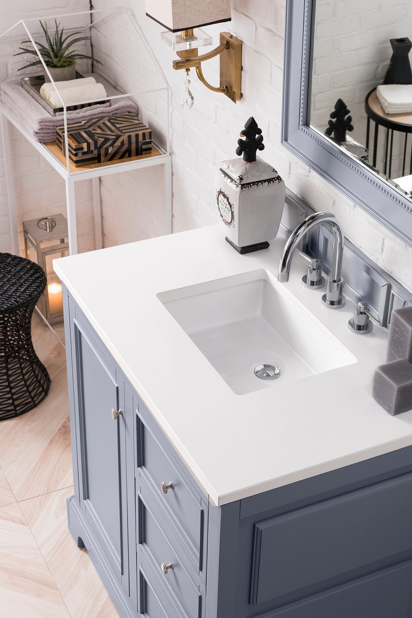 De Soto 36 Inch Single Bathroom Vanity with 3CM Classic White Quartz Countertop - Silver Gray Finish for Modern Home & Apartment Renovation