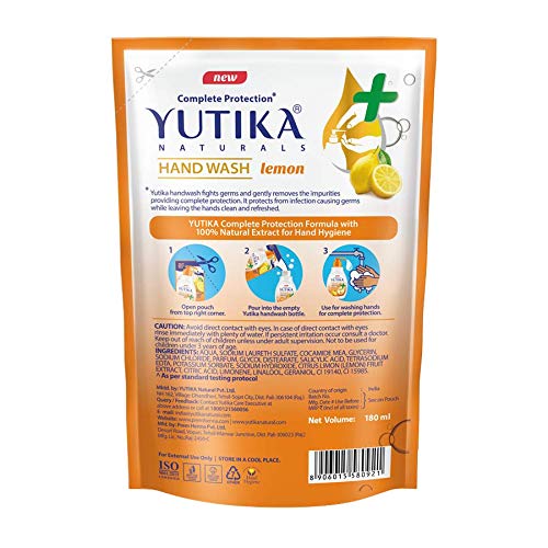 Yuthika Lemon Scented Hand Soap Refill - 180ml (3 Pack) | Antibacterial Liquid Soap for Kitchen, Bathroom & Office | Fresh Citrus Fragrance, Gentle on Skin