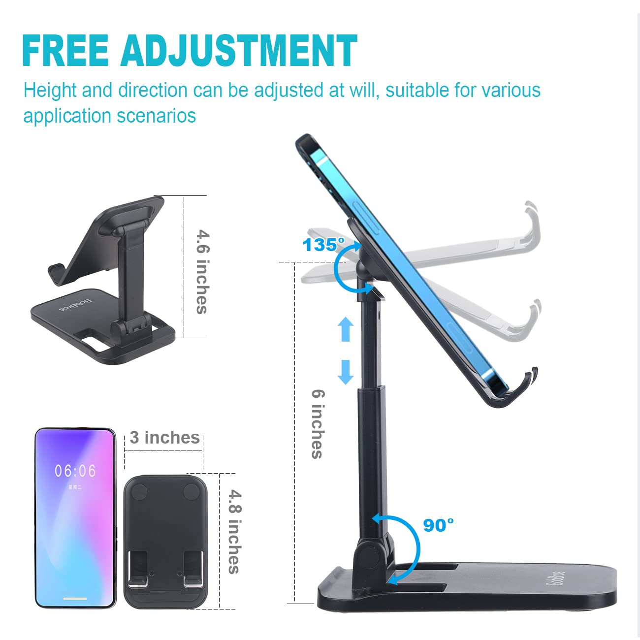 Adjustable Folding Cell Phone Stand for Desk - Height & Angle Adjustable Phone Holder - Universal Compatibility with All Smartphones & Tablets - Perfect for Work, Study & Video Calls - Black