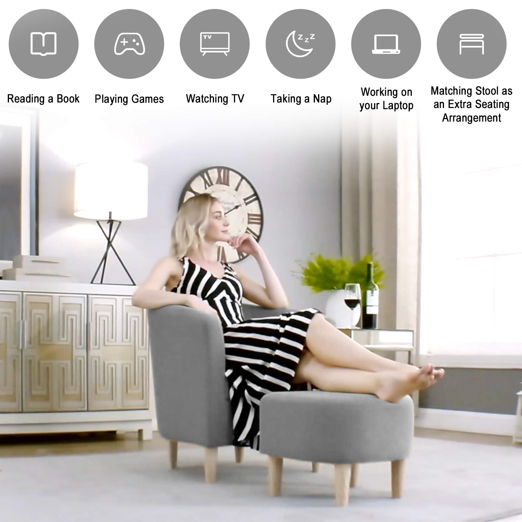 Modern Accent Chair with Ottoman Set of 2 - Upholstered Barrel Club Armchair & Footrest - Gray Fabric Living Room Furniture for Small Spaces, Bedroom, Apartment & Office - Perfect for Reading Nook, Lounge Area or Guest Seating